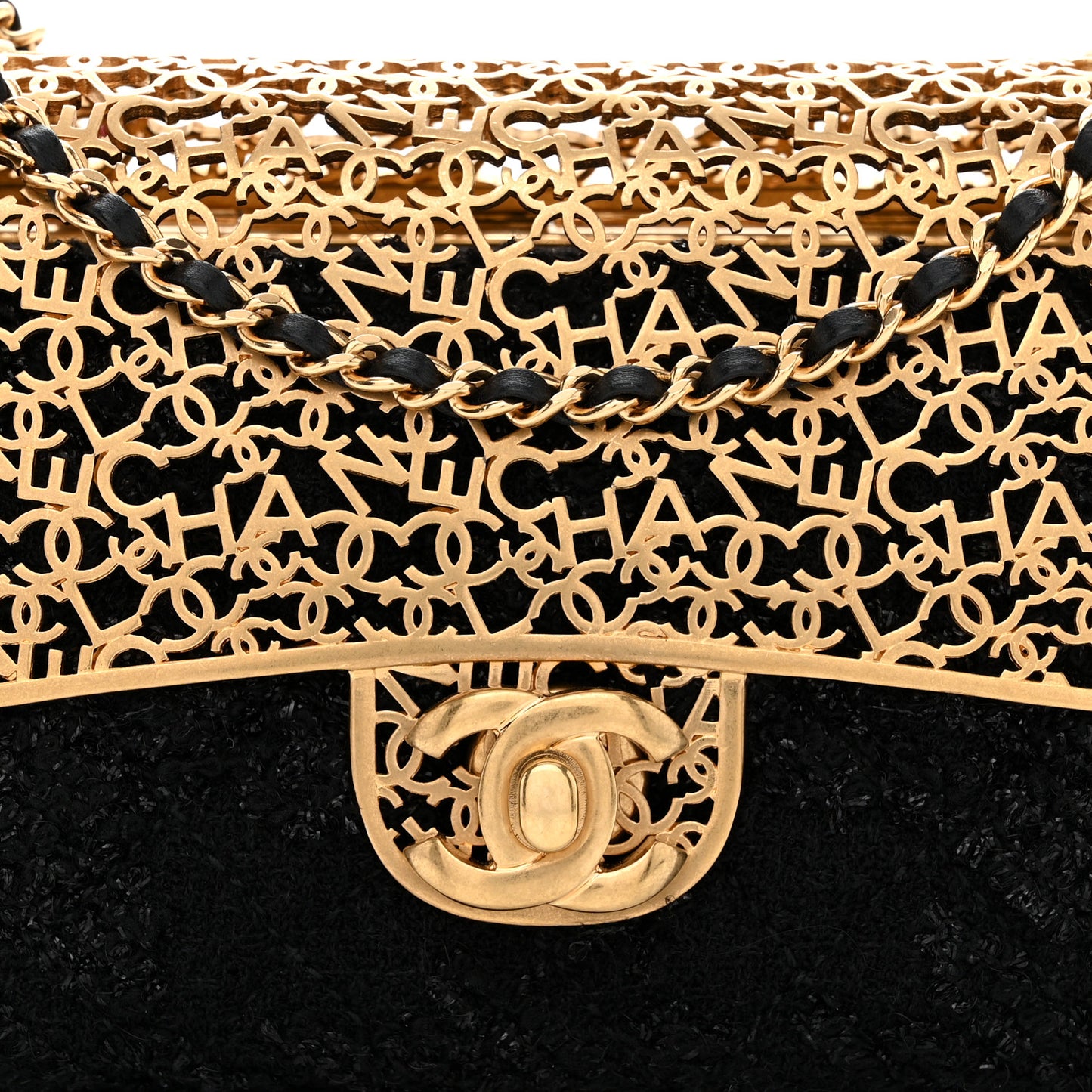 Metal Tweed Logo CC Minaudiere Flap Bag Black Gold