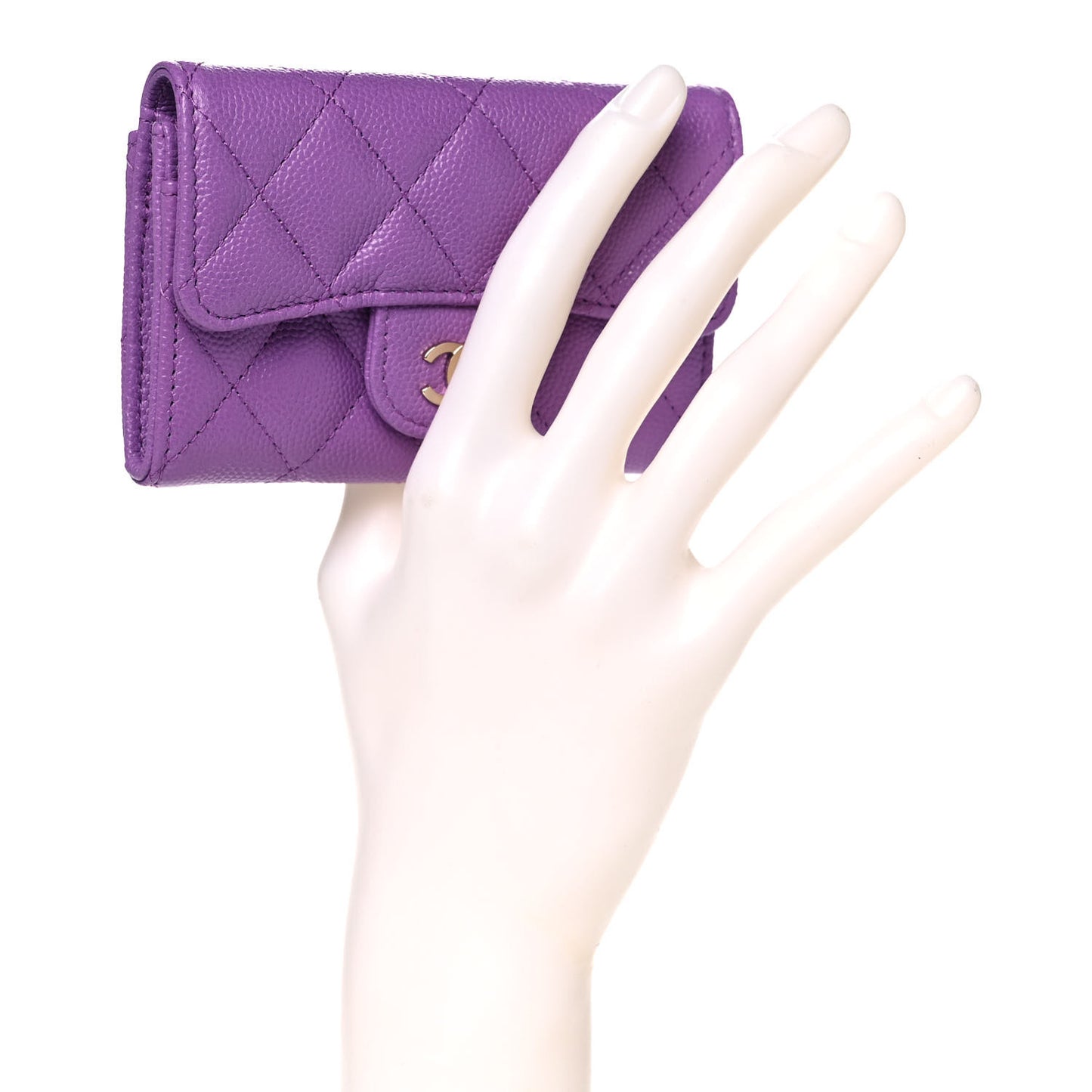Caviar Quilted Flap Card Holder Wallet Purple