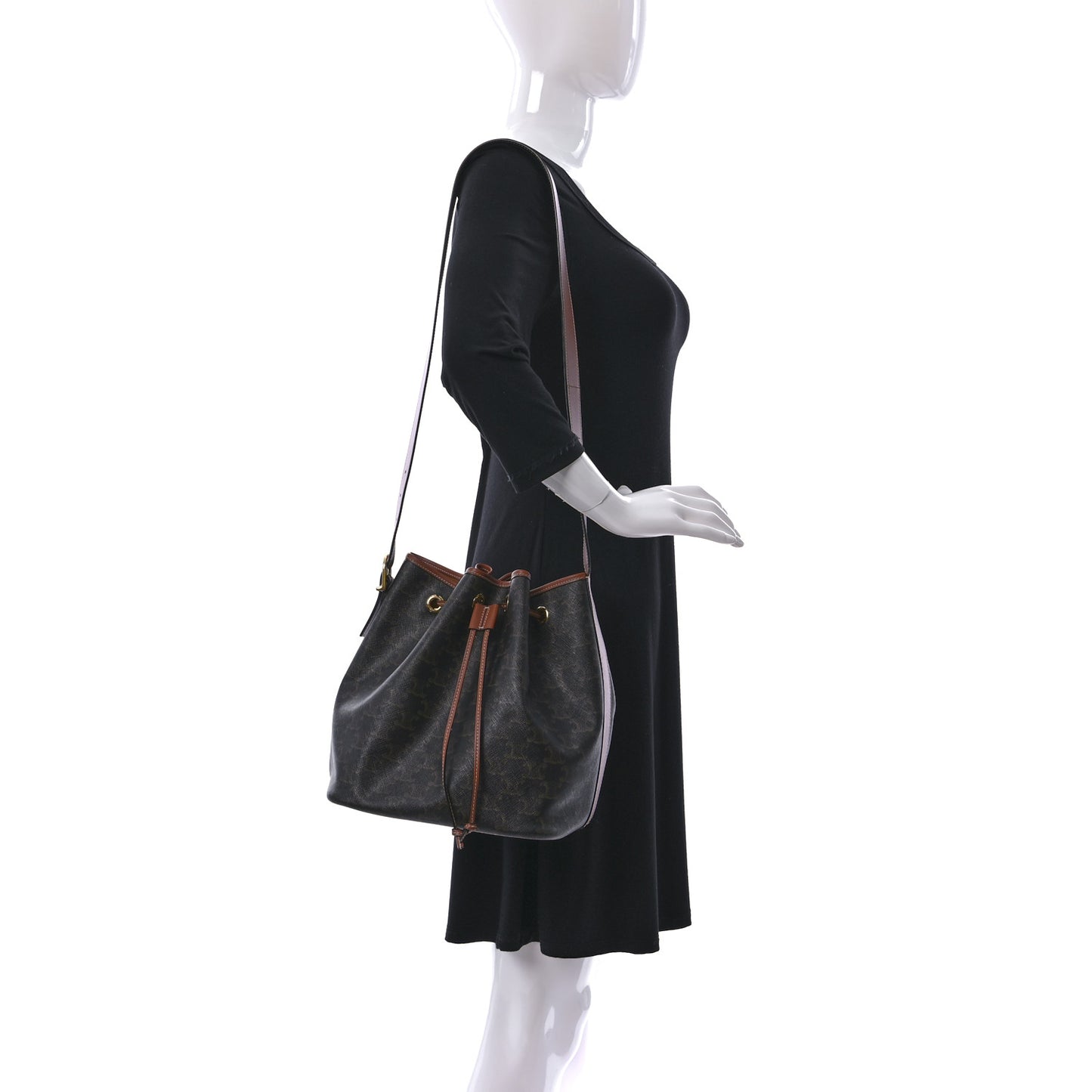 Triomphe Canvas Calfskin Medium Drawstring Bucket Bag Tan