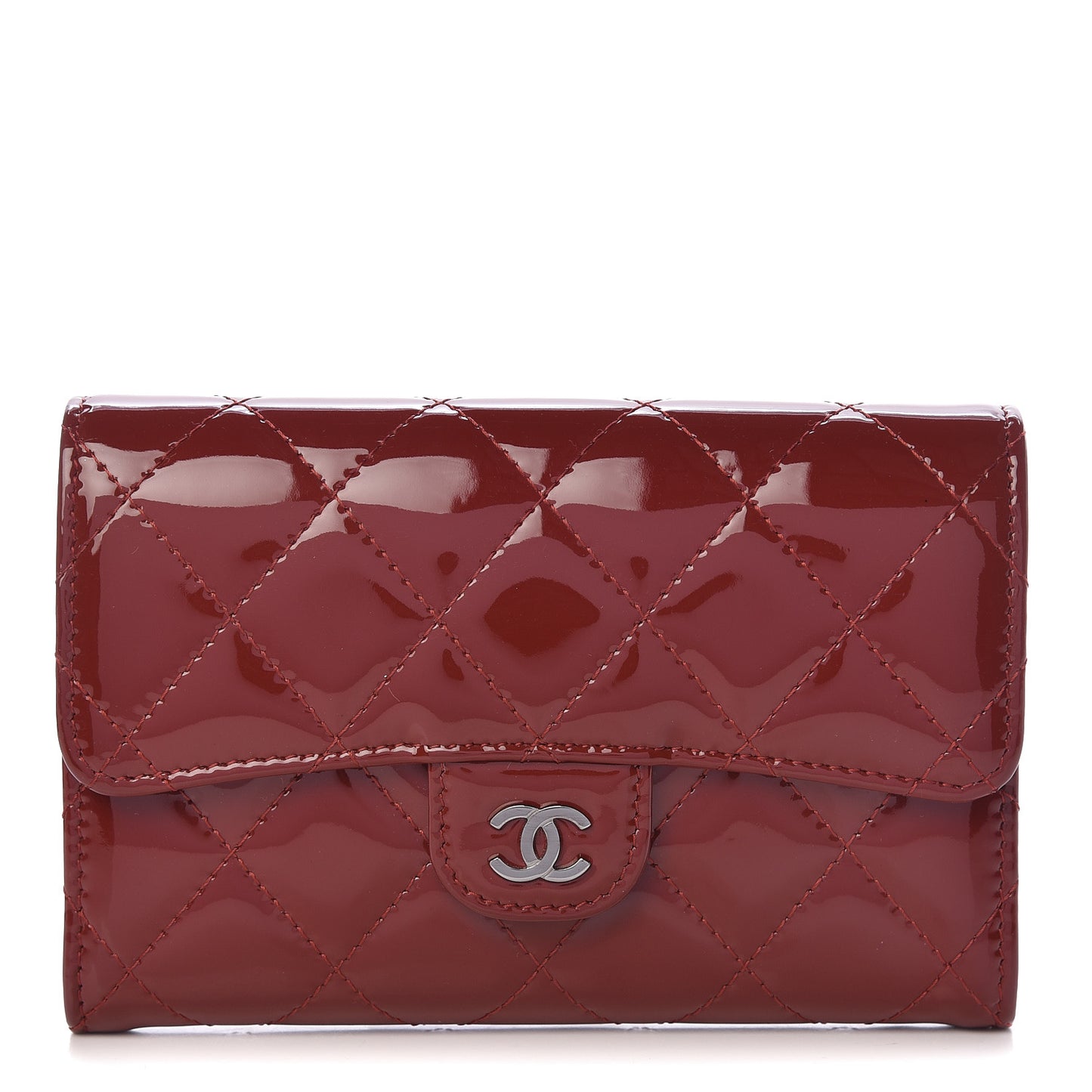 Patent Calfskin Quilted Small Flap Wallet Dark Red