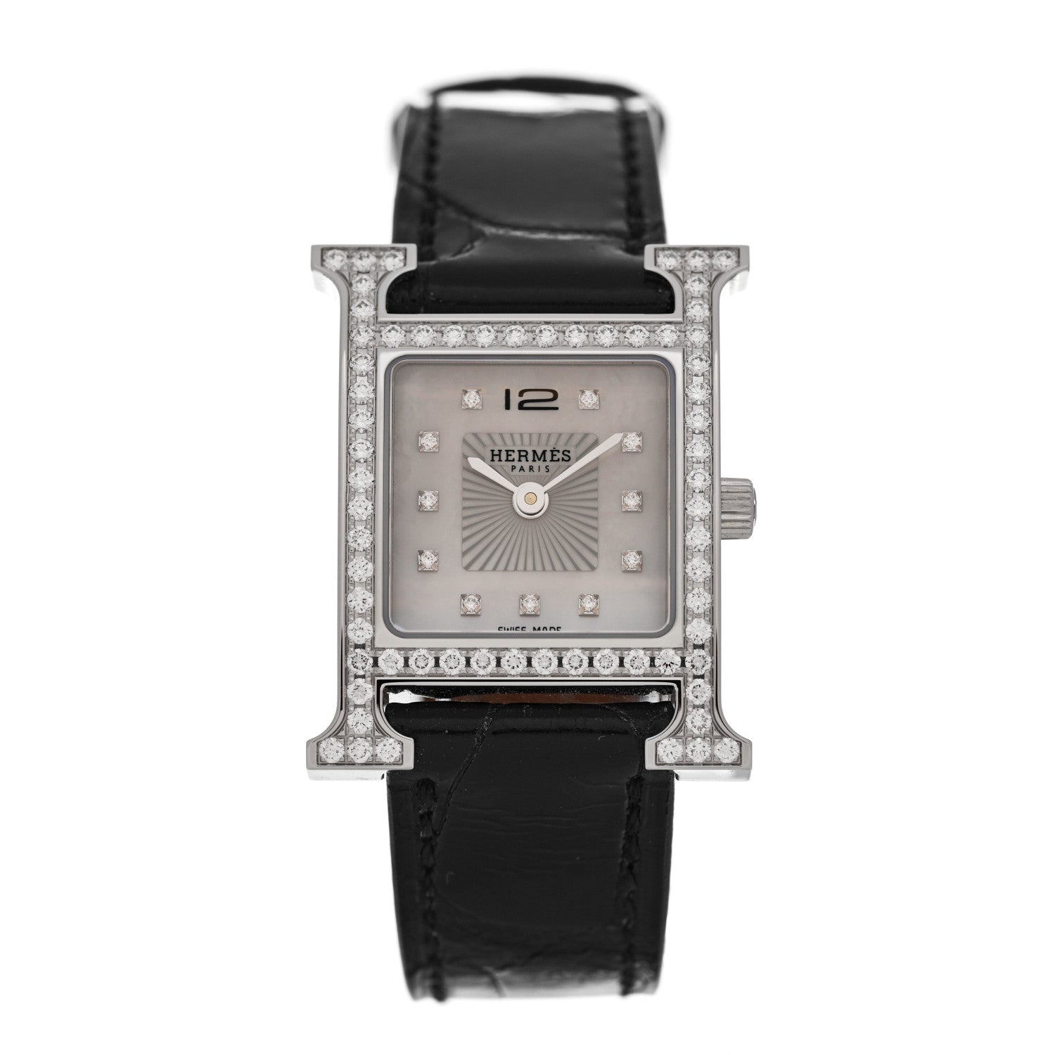 Hermes Stainless Steel Alligator Diamond Bezel Mother of Pearl 21mm Heure H Hour Quartz Watch Noir 1 of 5