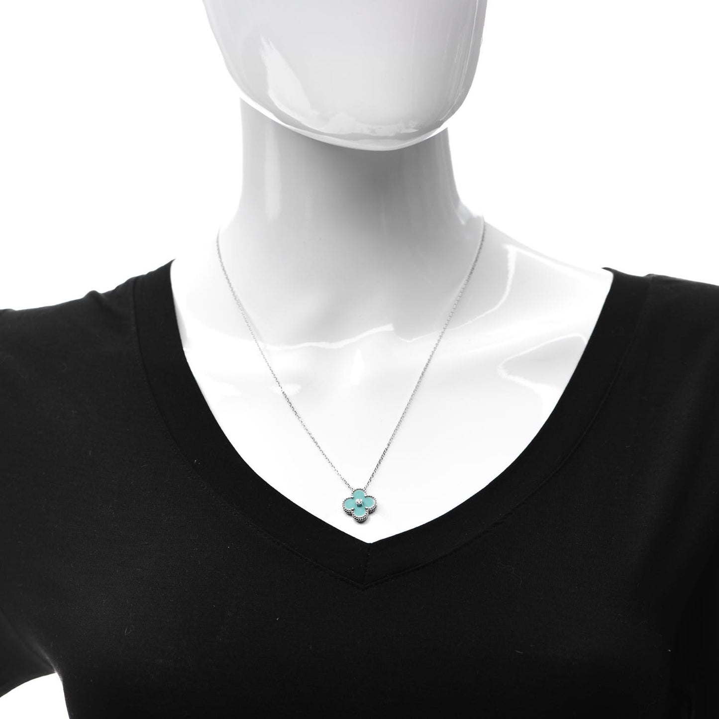 18K White Gold Diamond Celadon Green Sevres Porcelain Vintage Alhambra Pendant Necklace