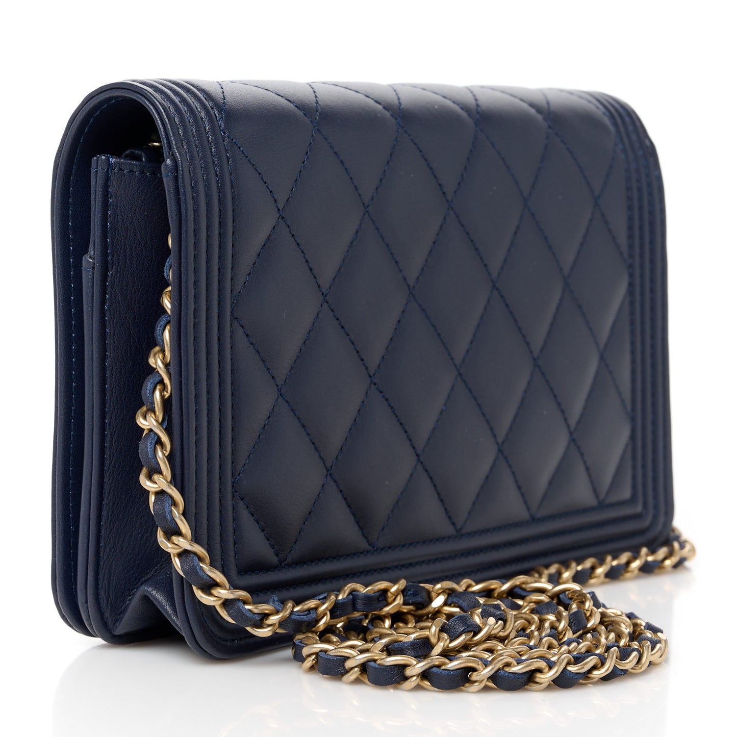 Lambskin Quilted Boy Wallet On Chain WOC Navy