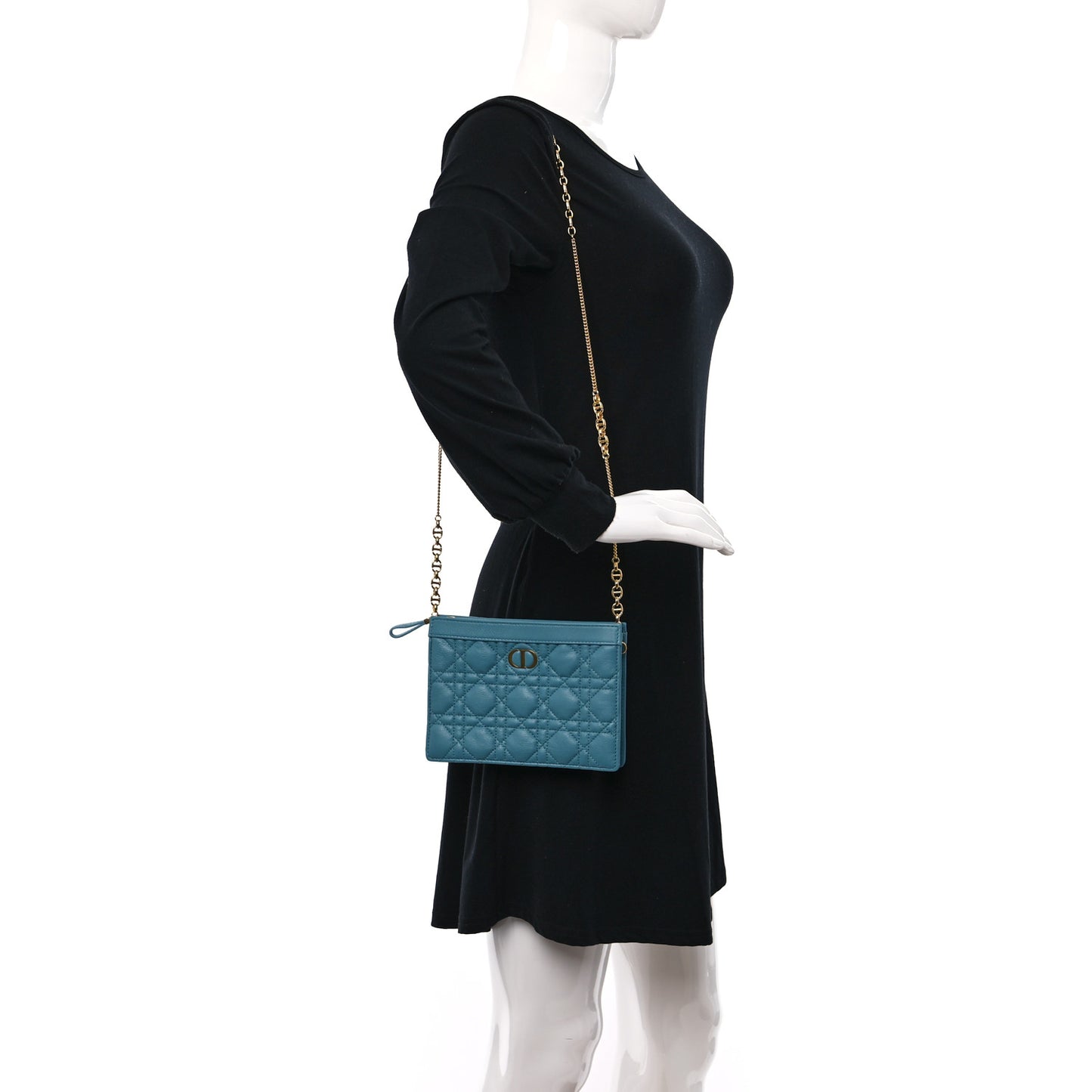 Calfskin Cannage Caro Zipped Pouch With Chain Cloud Blue