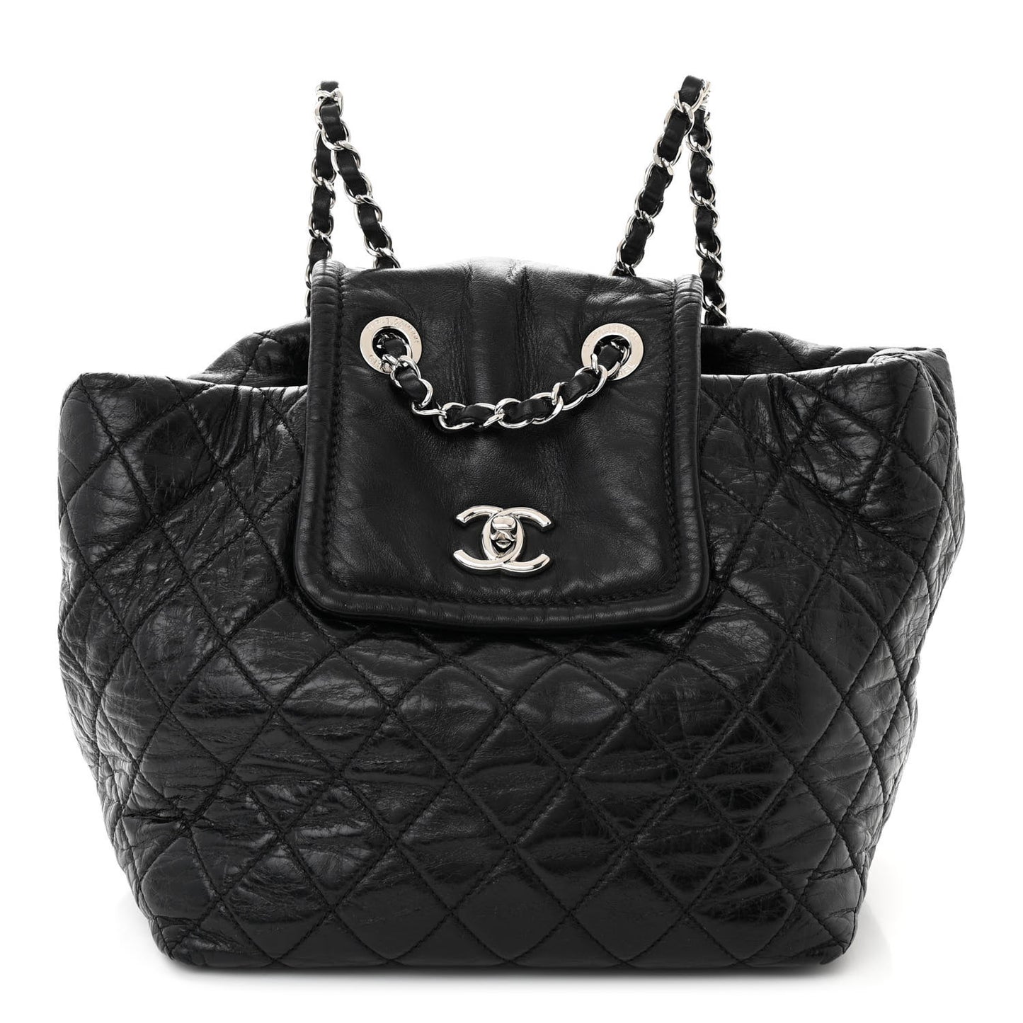 Glazed Calfskin Quilted Beijing Backpack Black