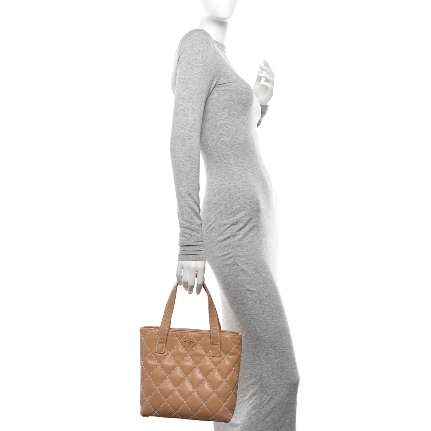 Calfskin Quilted Surpique Stitch Small Tote Beige