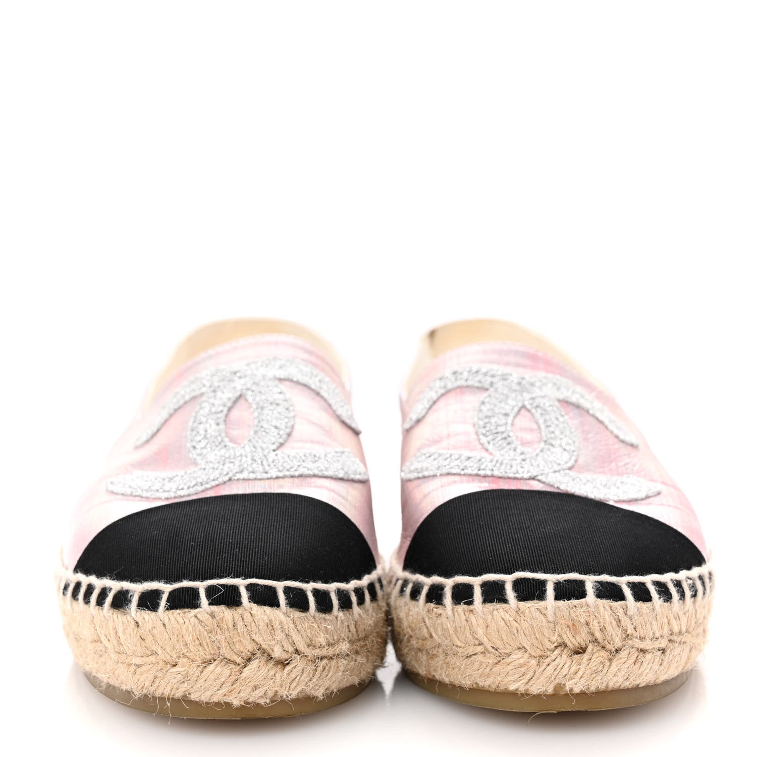 Chanel Laminated Lambskin Grosgrain Embroidered CC Espadrilles 39 Pink Silver Black 3 of 11