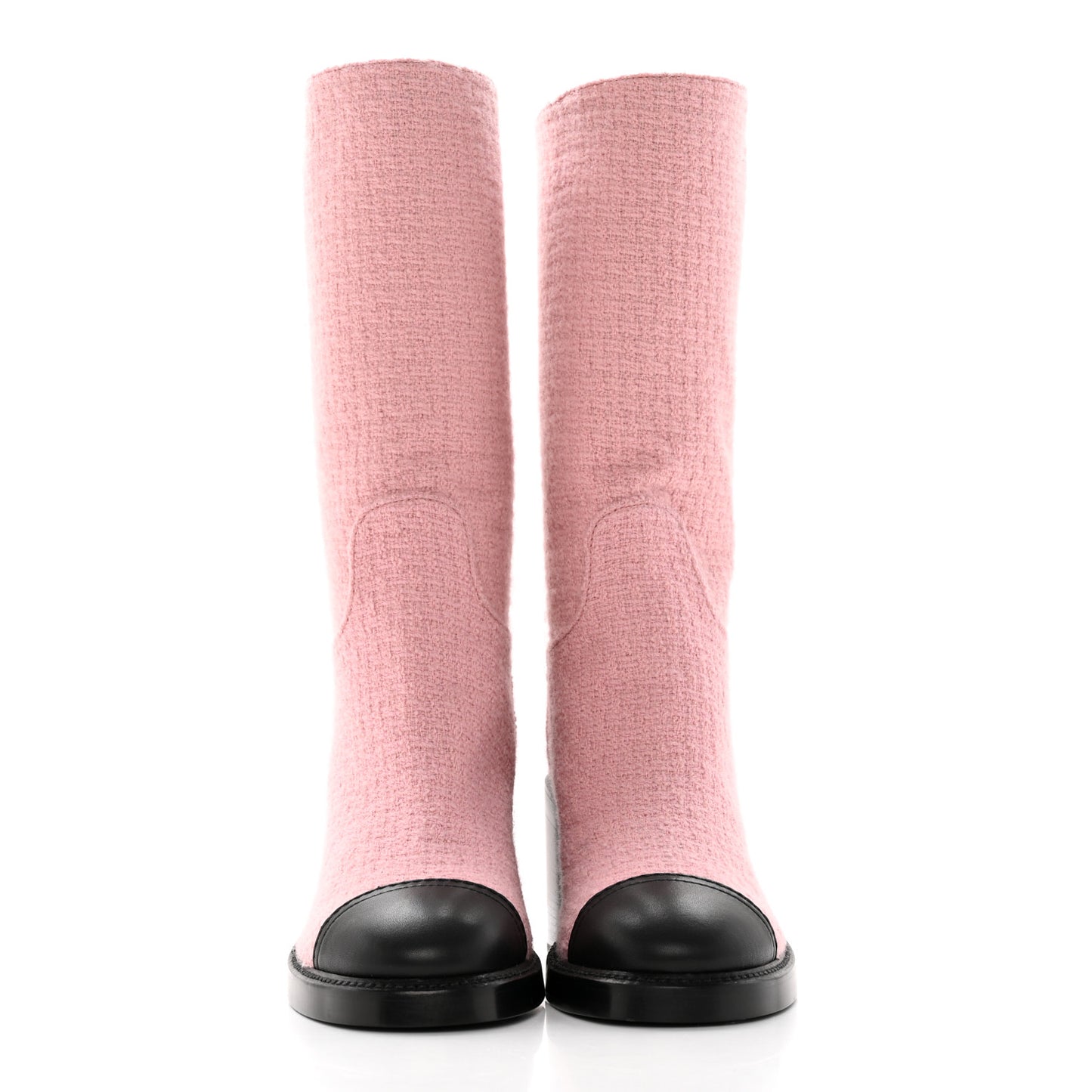 Wool Tweed Calfskin Cap Toe High Boots 39.5 Light Pink Black
