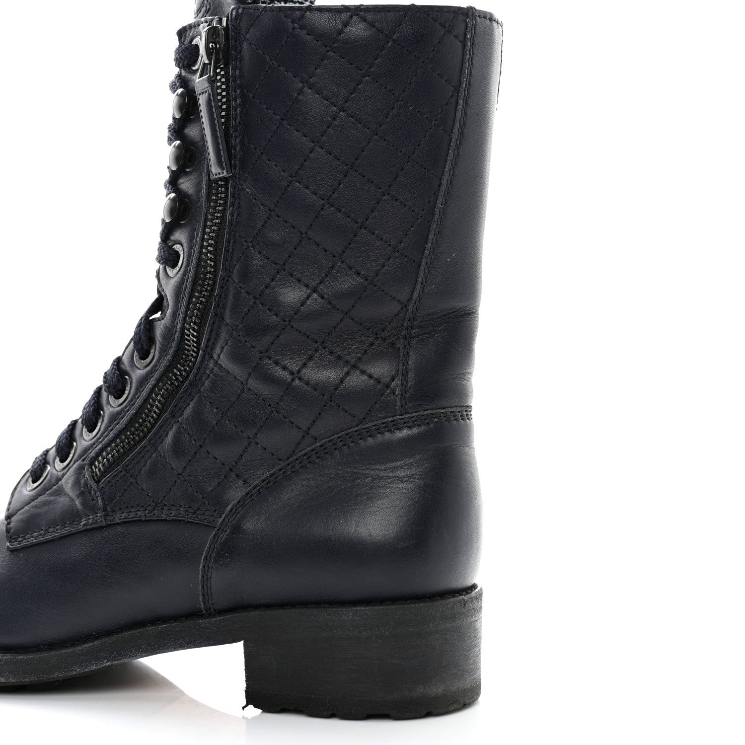 Chanel Sheepskin Quilted CC Tall Lace Up Combat Boots 40 Navy 11 of 11