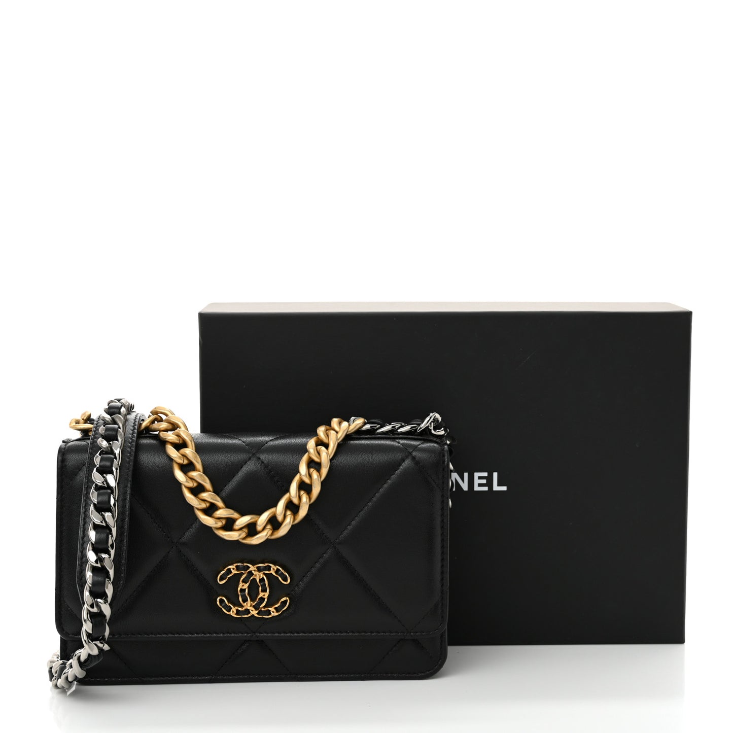 Lambskin Quilted Chanel 19 Wallet On Chain WOC Black