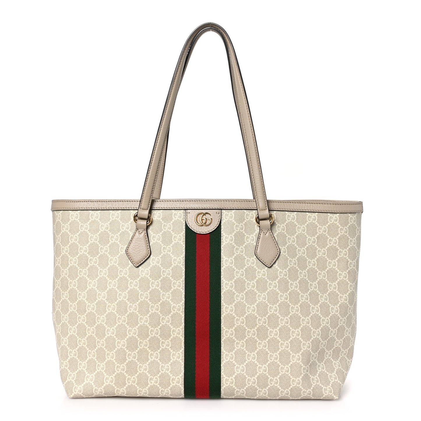 GG Supreme Monogram Textured Dollar Calfskin Web Medium Ophidia Shopping Tote Beige Mystic White Oatmeal