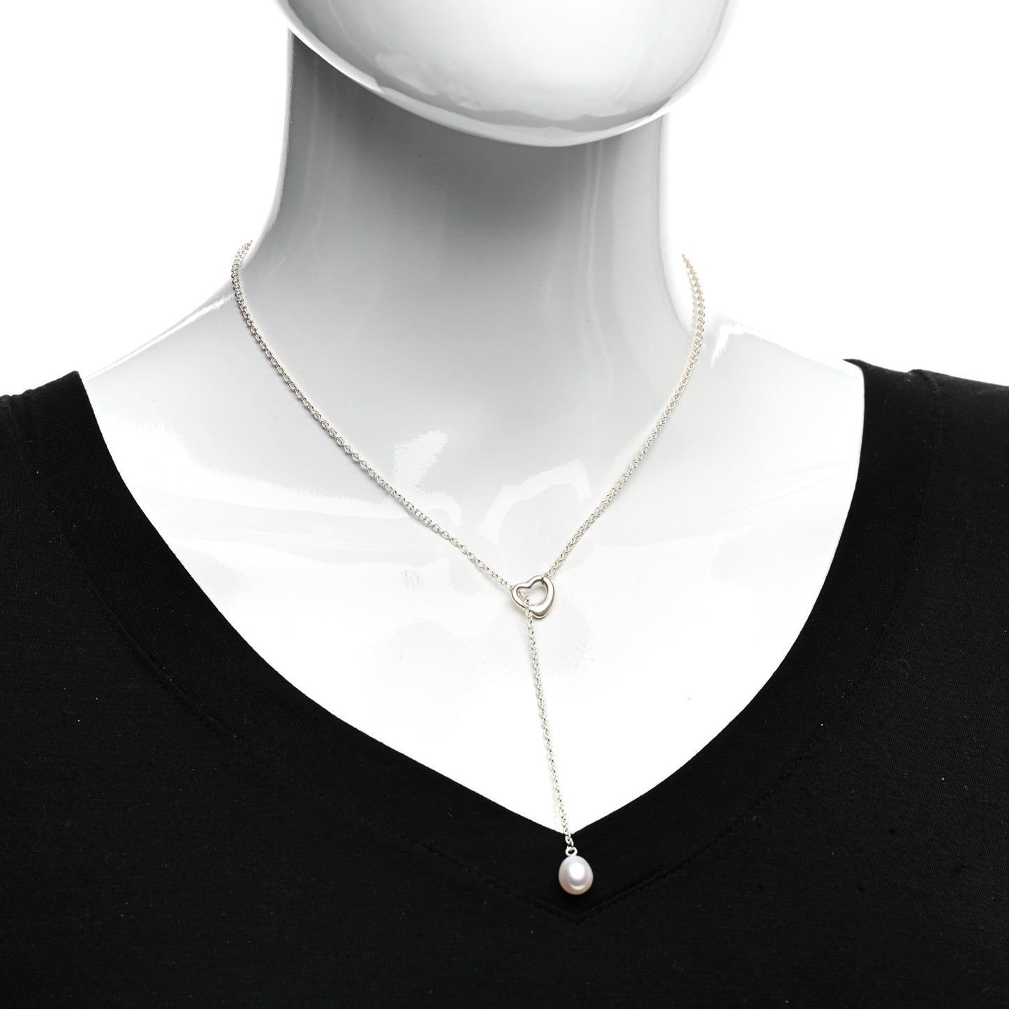 Sterling Silver Pearl 7.5-8mm Elsa Peretti Open Heart Lariat Necklace