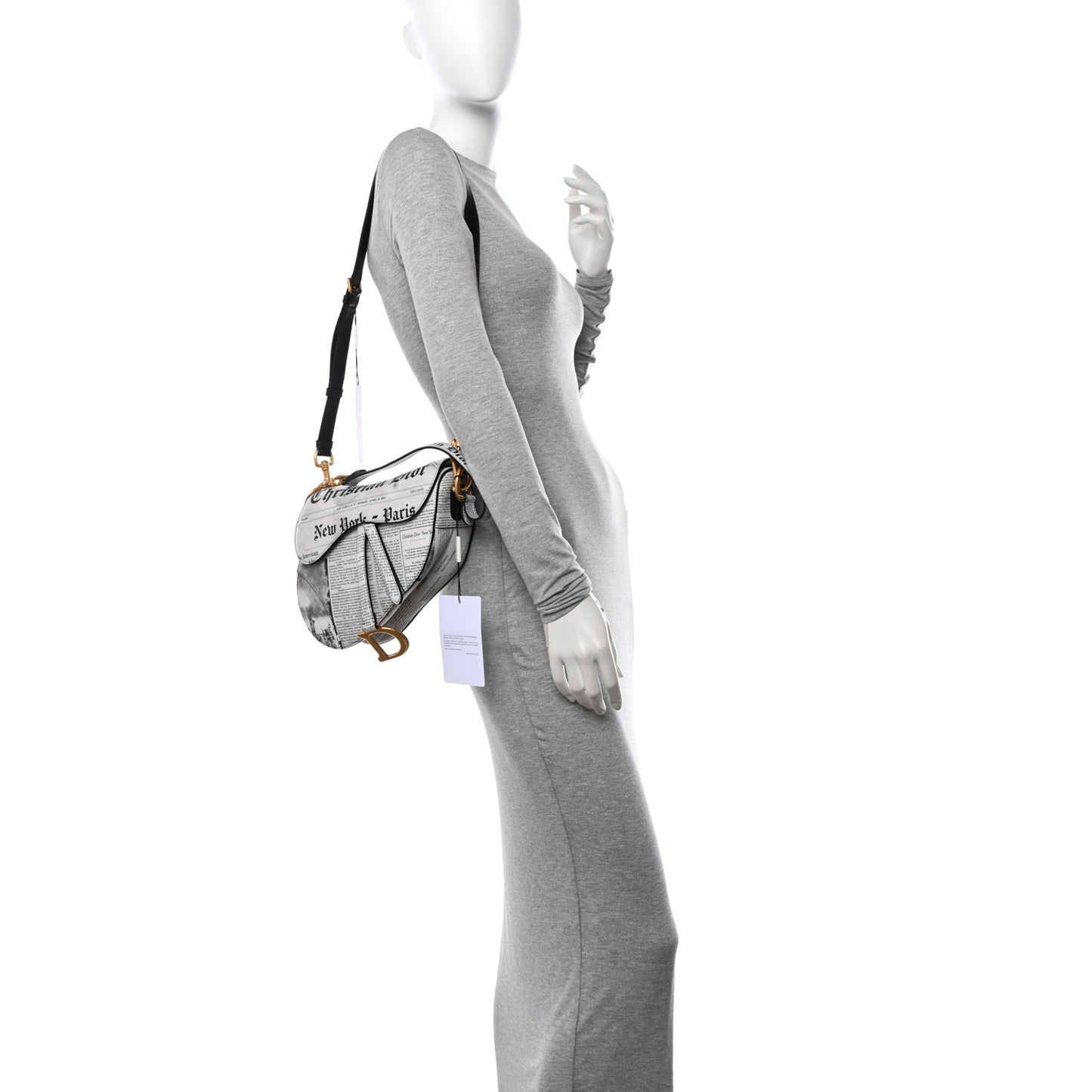 Calfskin Newspaper Printed Saddle Bag With Strap Black White