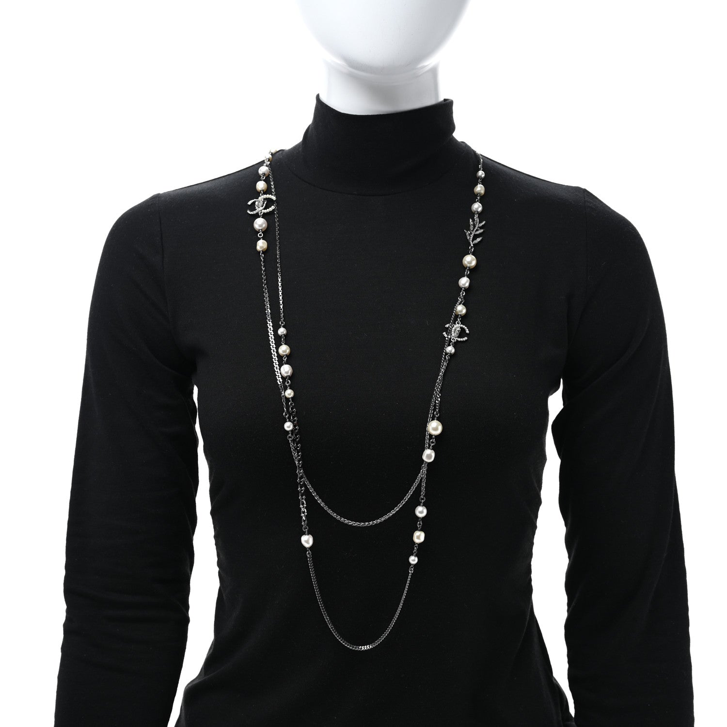 Chanel Pearl Crystal CC Leaf Long Necklace Silver 2 of 5