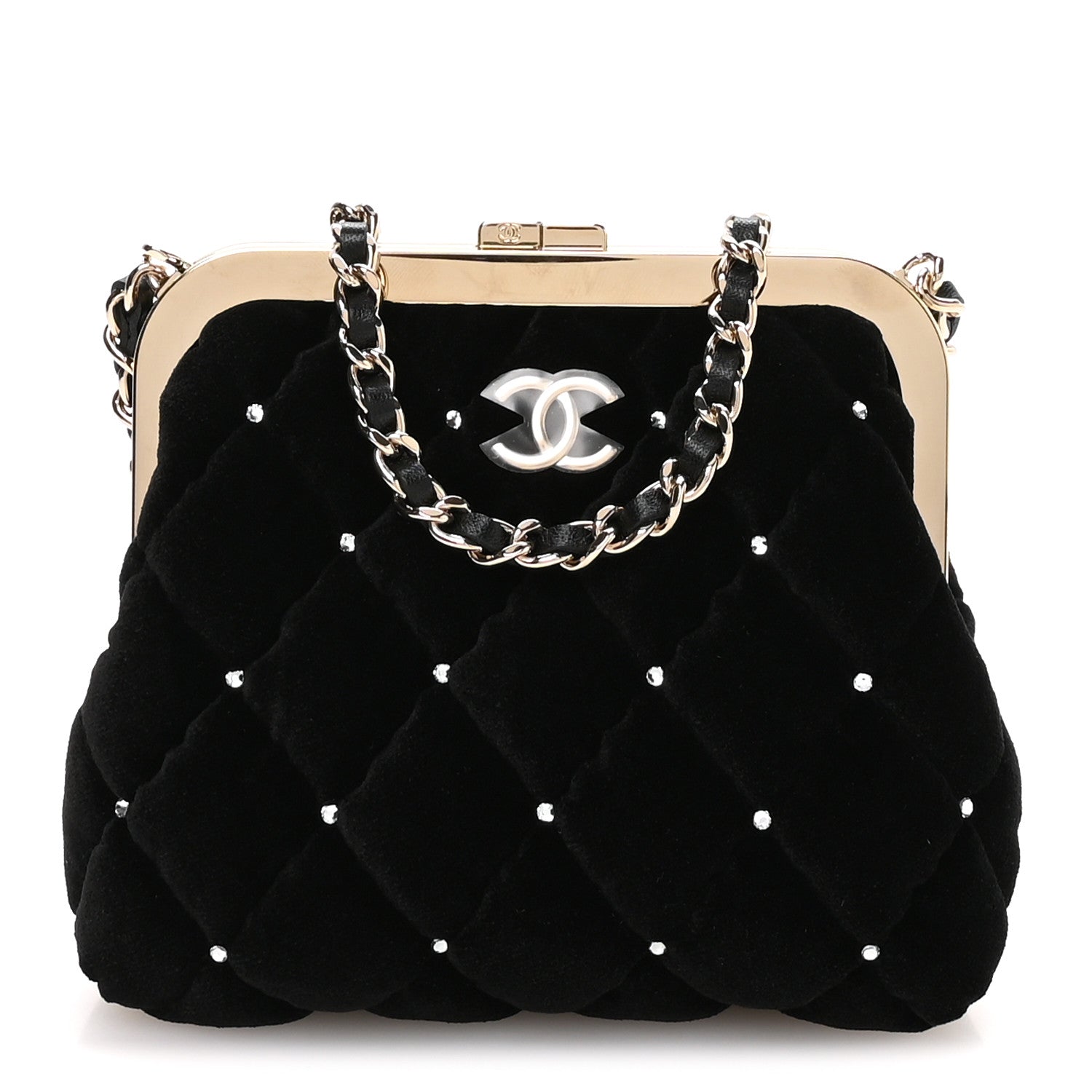Chanel Velvet Diamante Quilted Kiss Lock Clutch Black 1909733