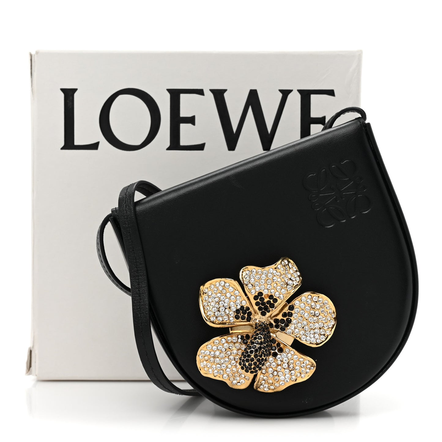 Calfskin Crystal Flower Mini Heel Pouch Black