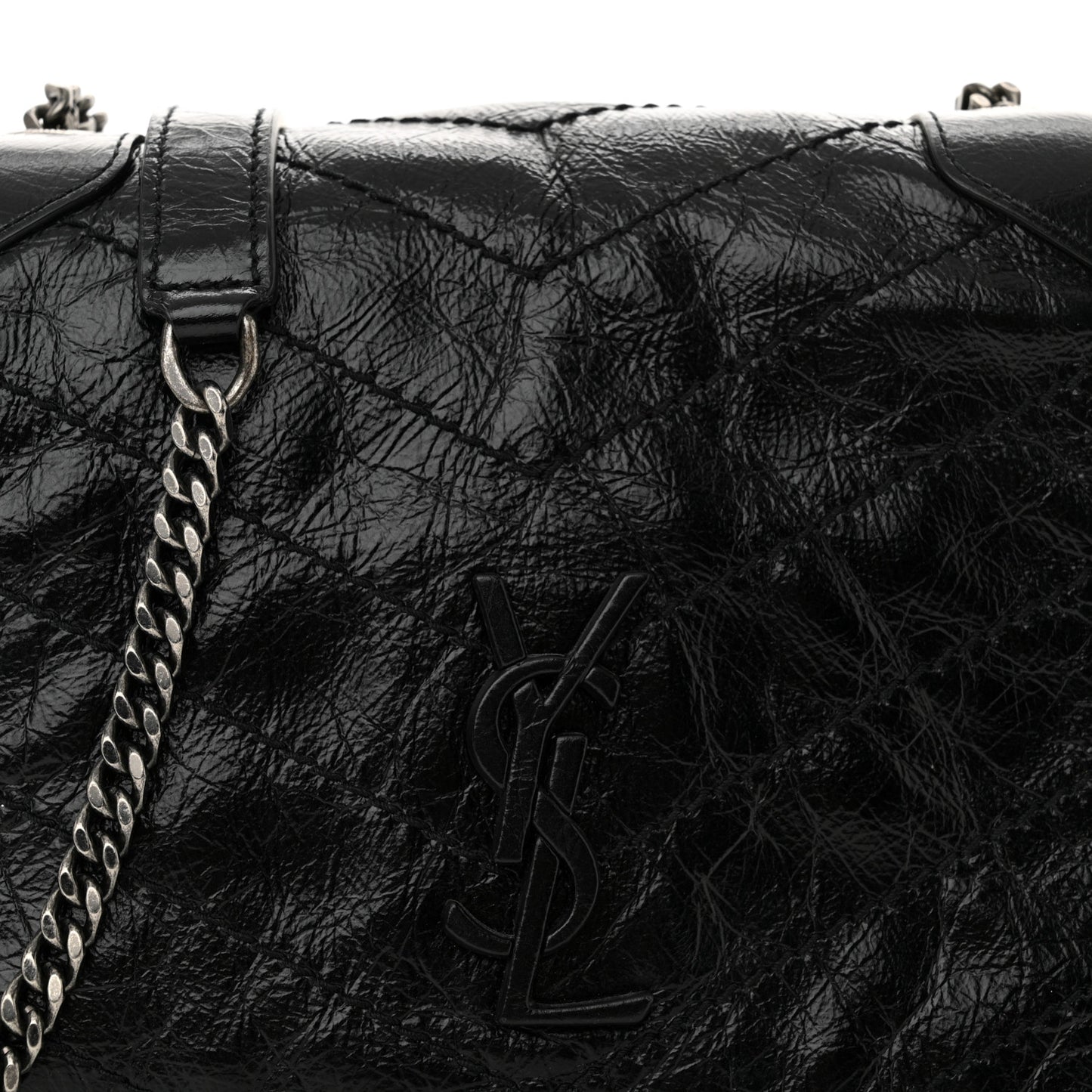 Crinkled Calfskin Matelasse Monogram Niki Chain Wallet Black