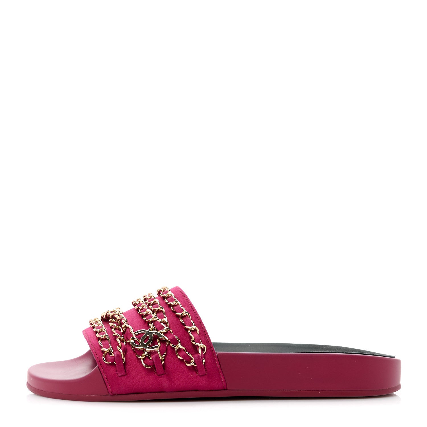 Chanel Satin Canvas Chain Slides Sandals Flats 38 Dark Fuchsia 1 of 9