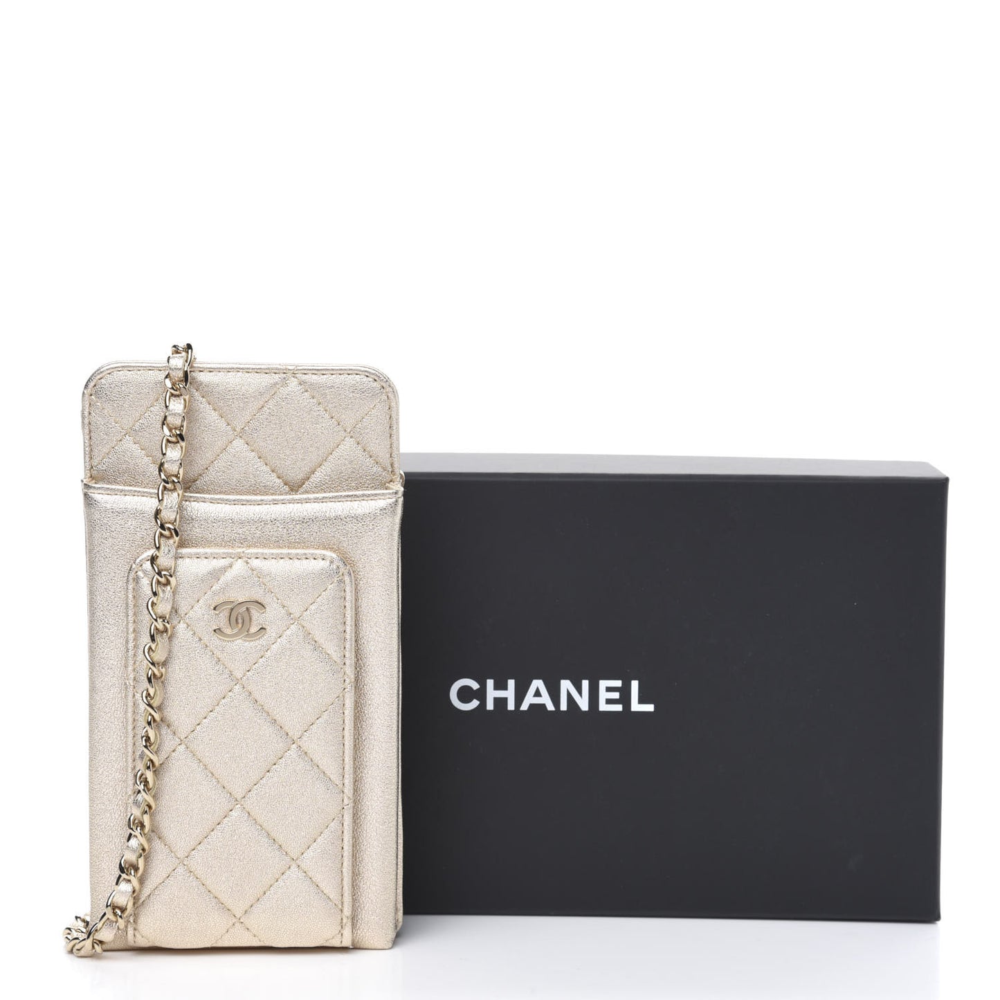Metallic Lambskin Quilted Zip Phone Case Gold
