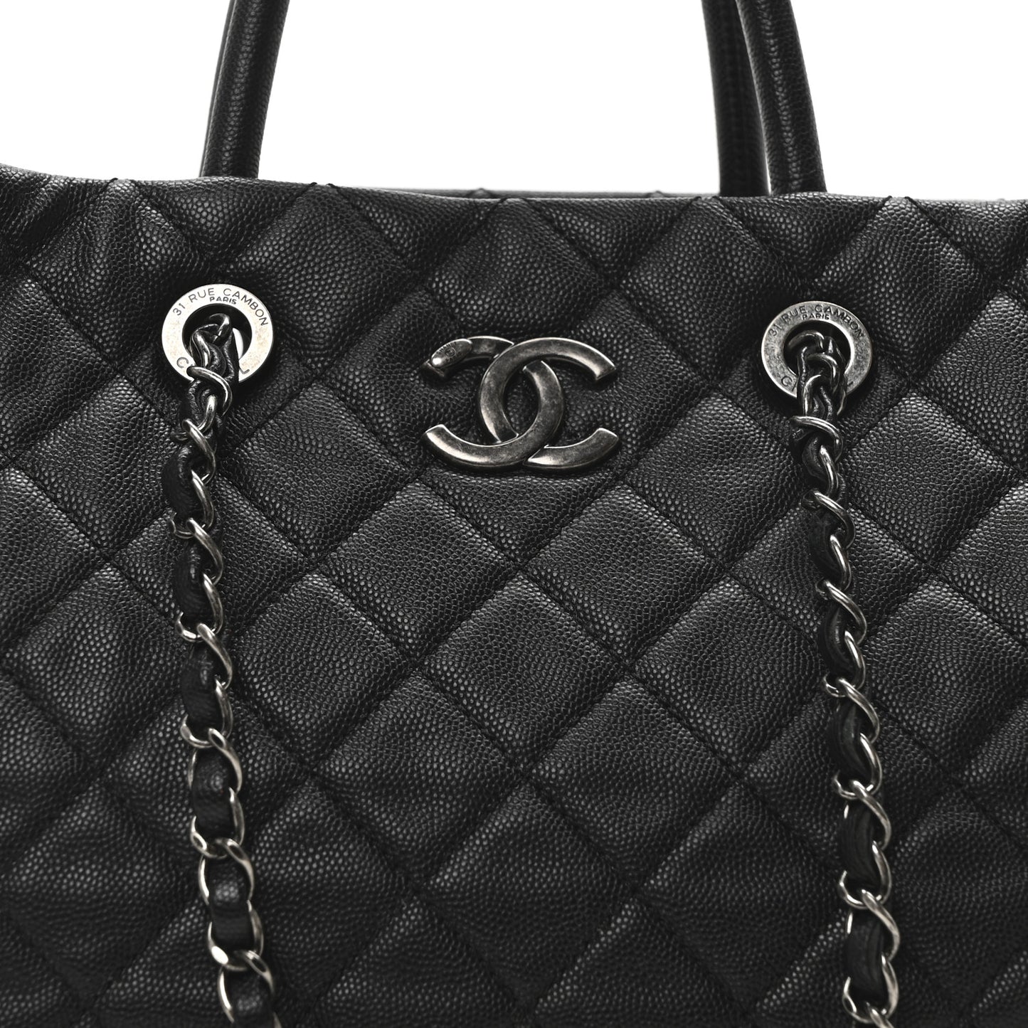 Caviar Quilted Large Coco Handle Shopping Tote Black
