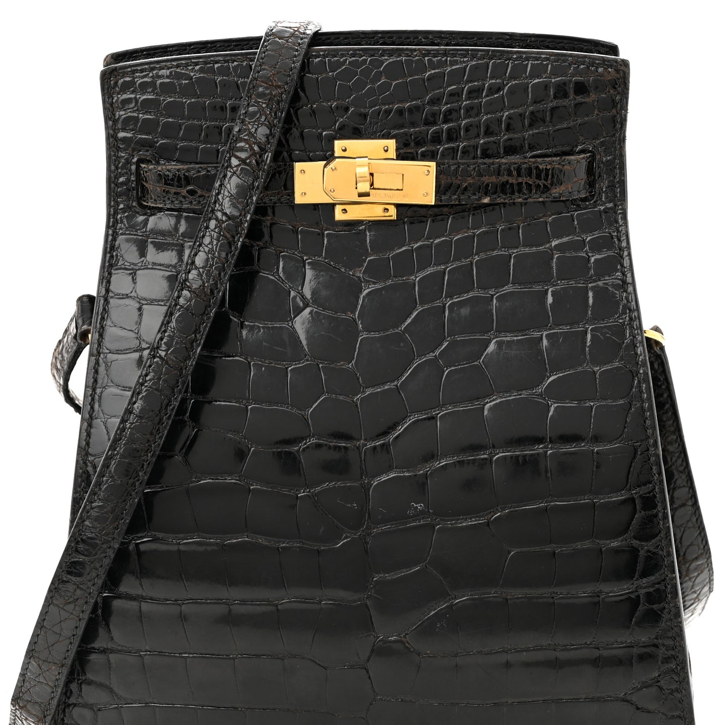 Shiny Alligator Kelly Sport PM Bag Black