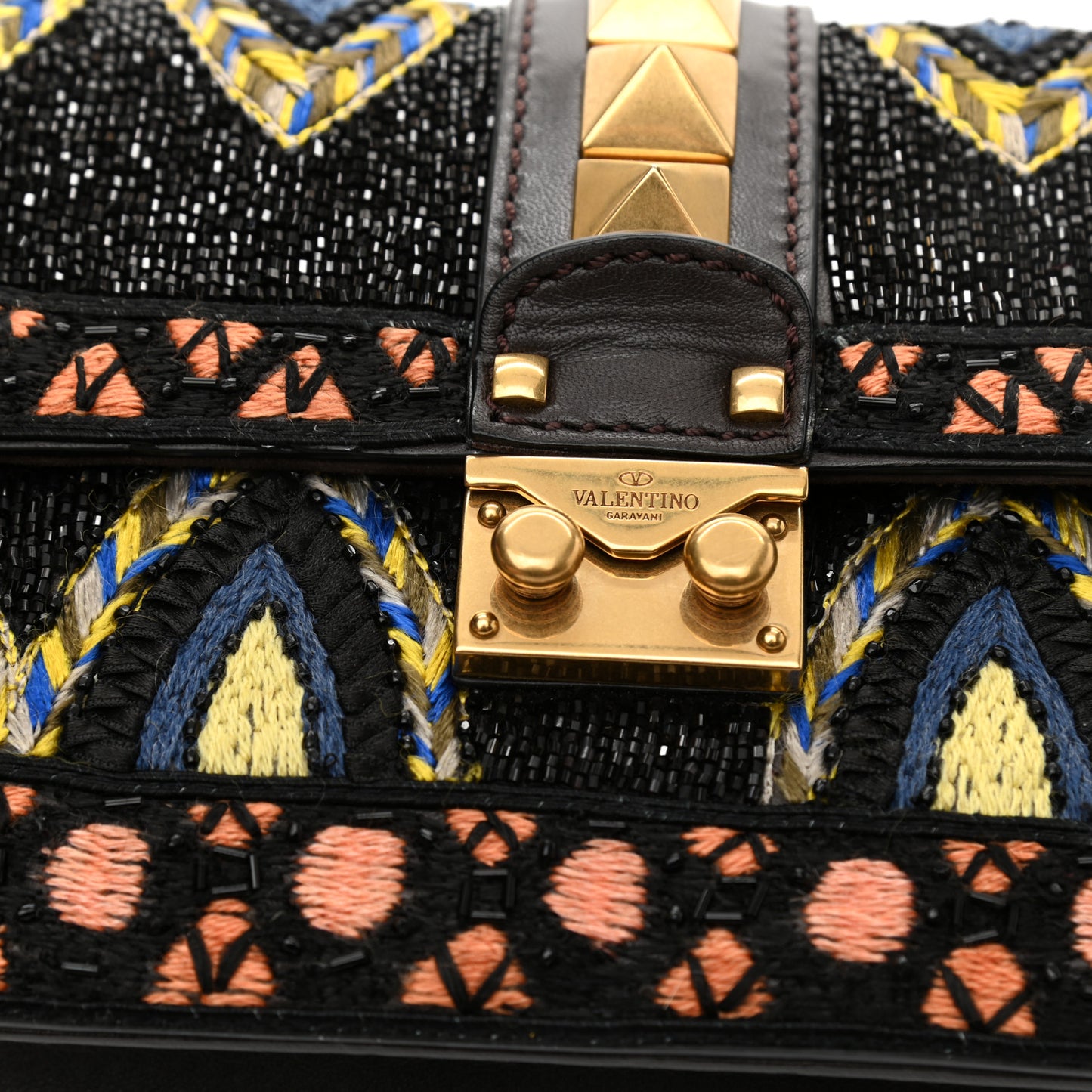 Vitello Beaded Small Glam Lock Rockstud Flap Black Multicolor