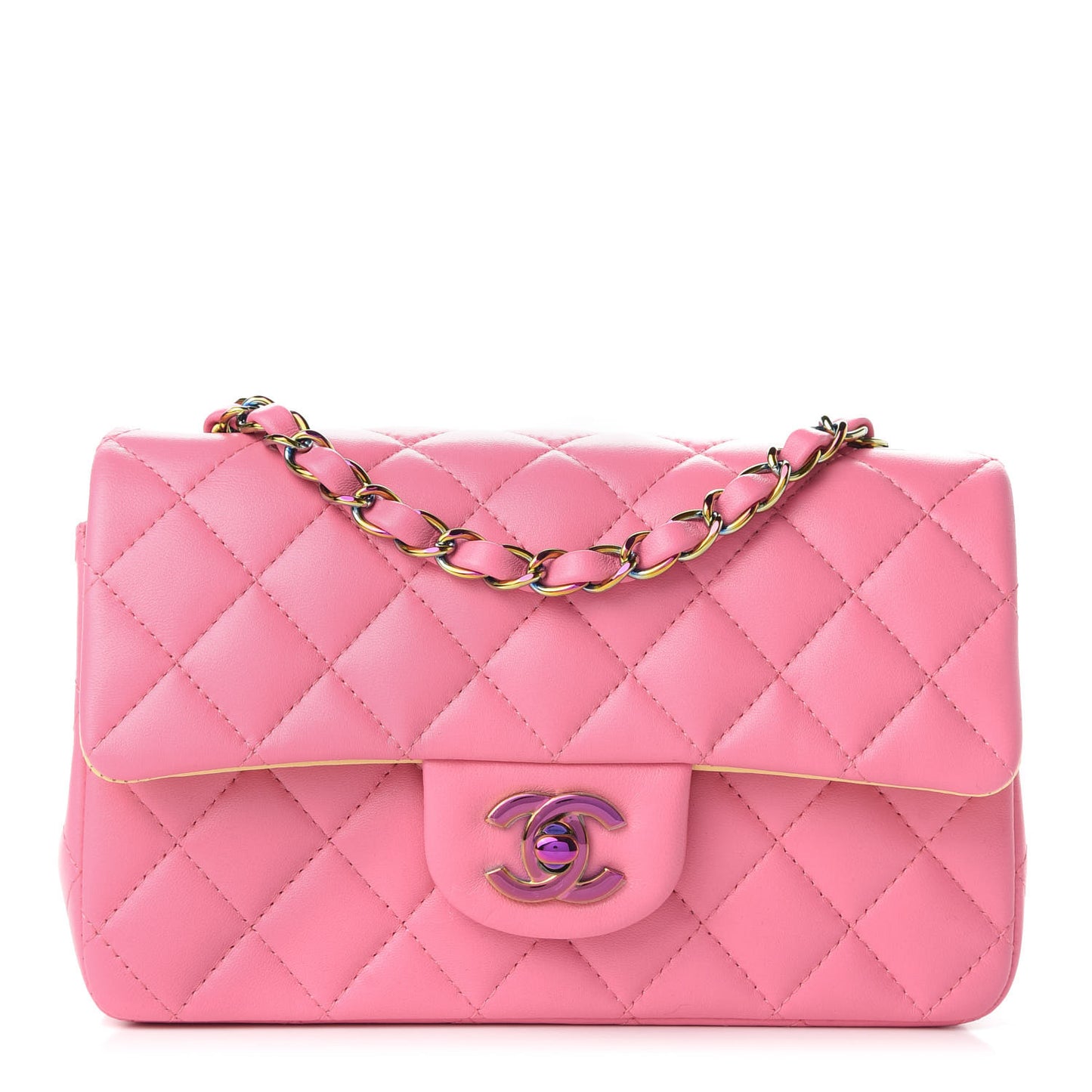 Lambskin Quilted Mini Rectangular Flap Pink Yellow
