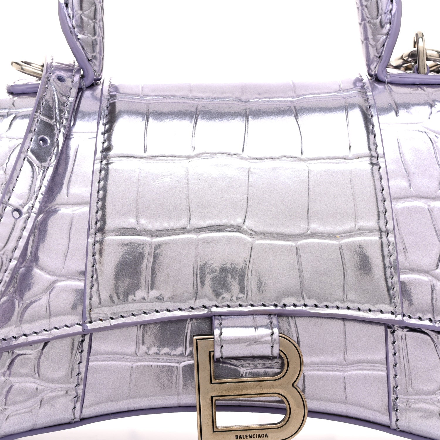 Balenciaga Metallic Calfskin Crocodile Embossed Hourglass Top Handle Bag XS Lilac 8 of 10