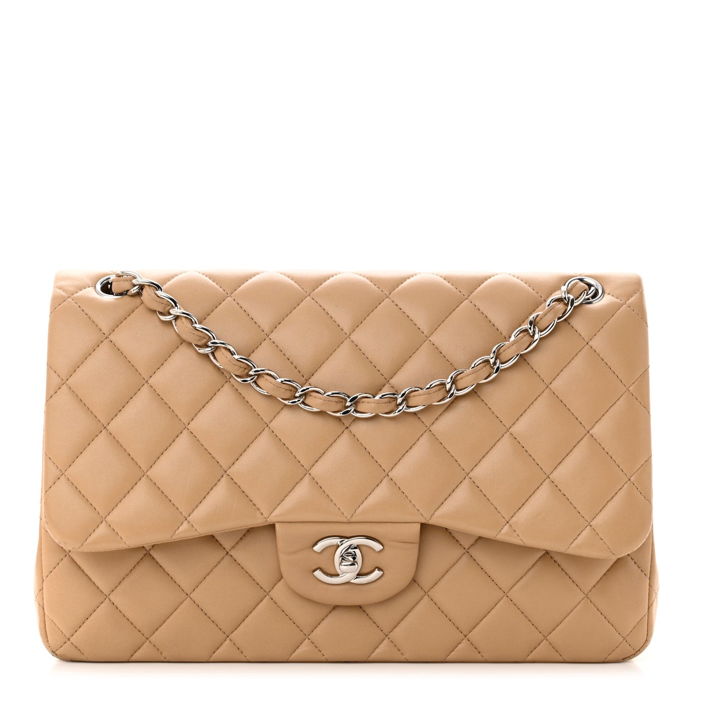 Lambskin Quilted Jumbo Double Flap Beige Clair
