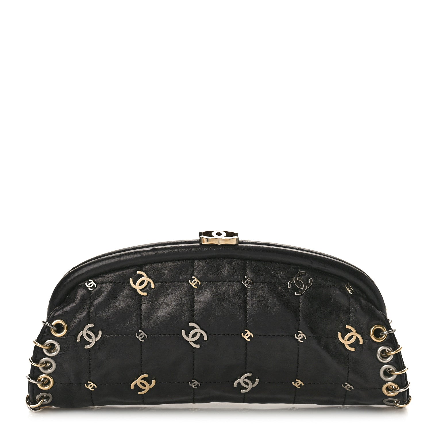 Chanel Calfskin Square Quilted Grommet Embellished Piercing Chic Clutch Black 1 of 9