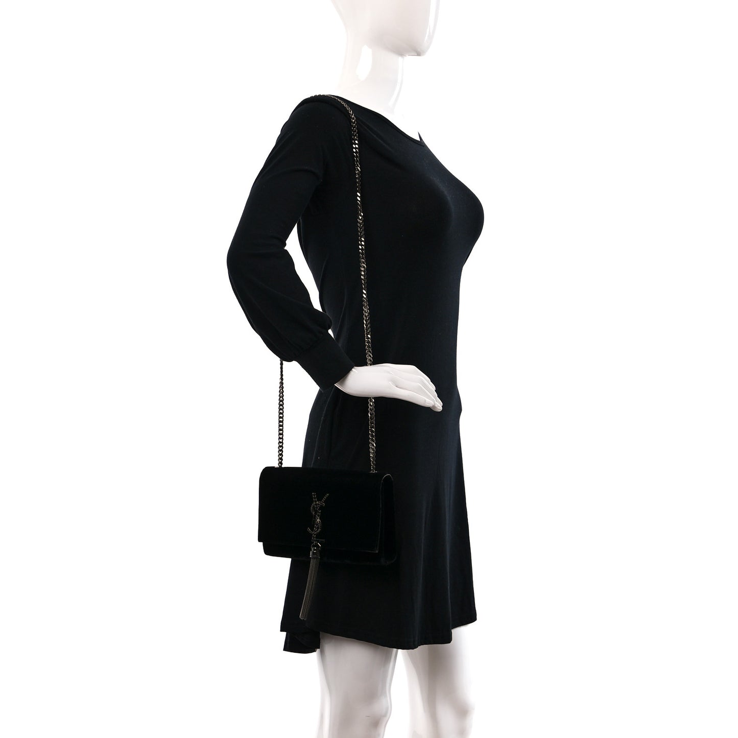 Velvet Crystal Monogram Kate Tassel Chain Wallet Black