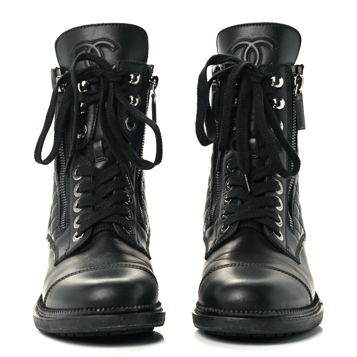 Calfskin Quilted Lace Up Combat Boots 36.5 Black