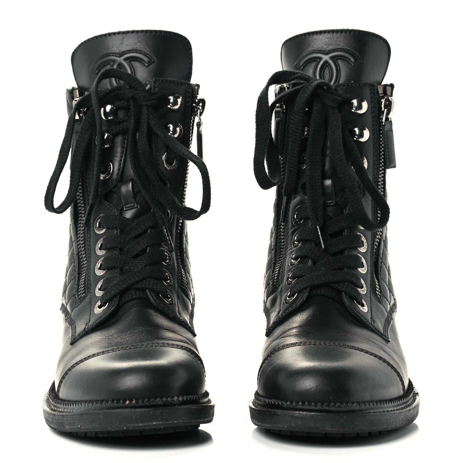 Chanel Calfskin Quilted Lace Up Combat Boots 36.5 Black 2 of 10
