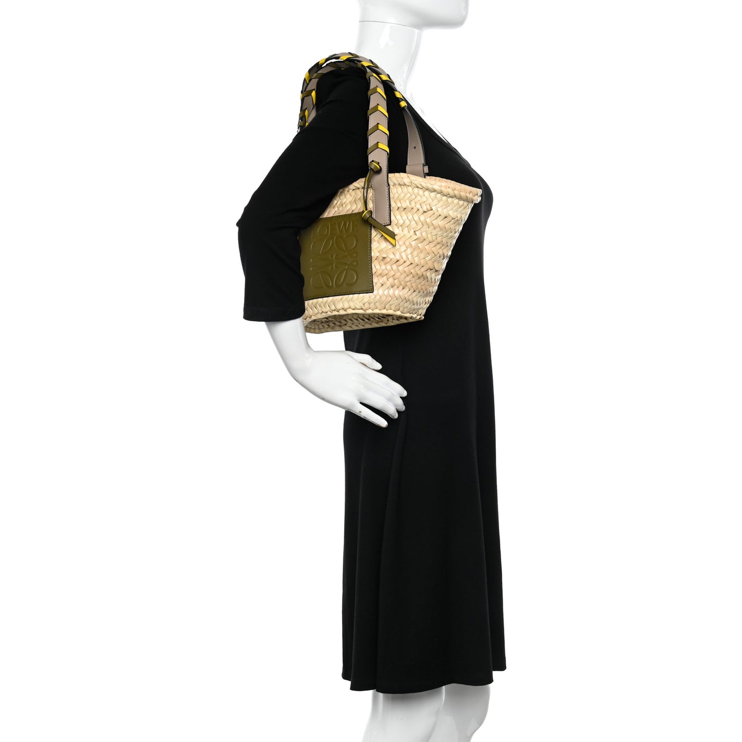 Raffia Braided Handle Small Basket Tote Bag Olive Sand