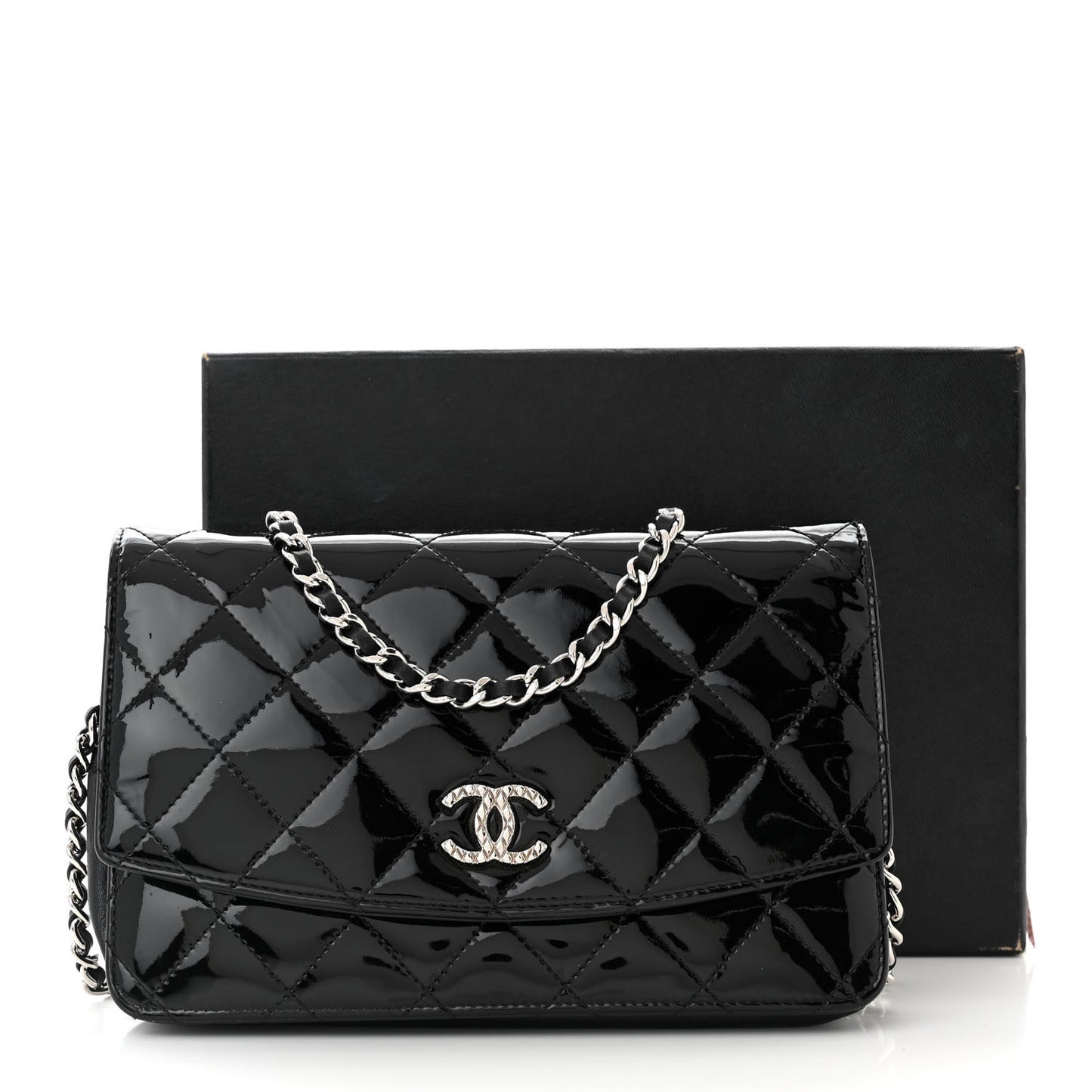 Patent Quilted Brilliant Wallet On Chain WOC Black