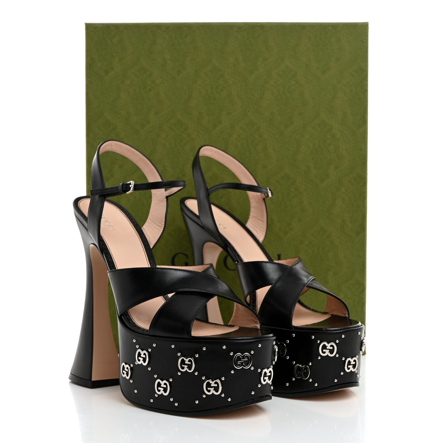 Malaga Kid Interlocking G Studs 155mm Platform Sandals 41 Perfect Black