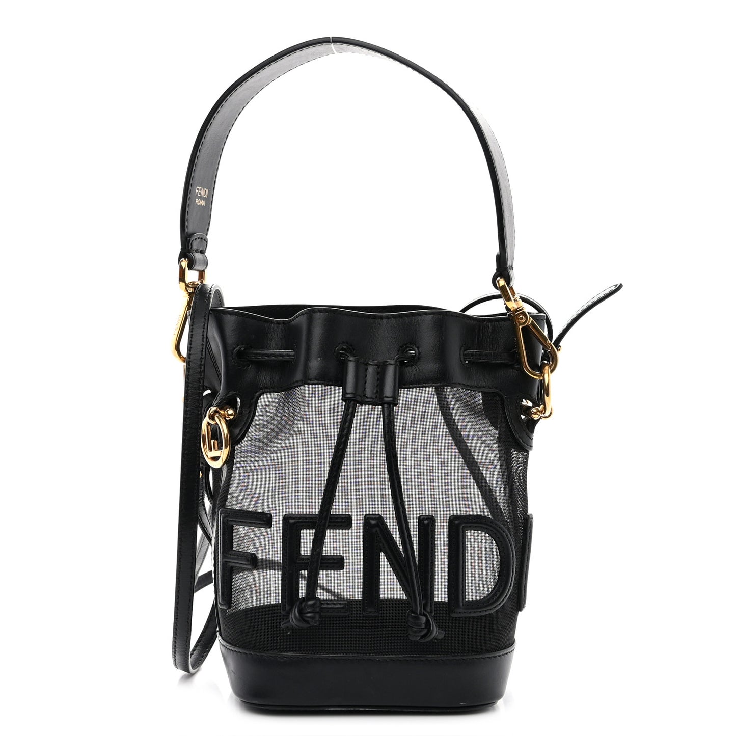 Mesh Vitello King F is Fendi Logo Embroidered Mini Mon Tresor Bucket Bag Black