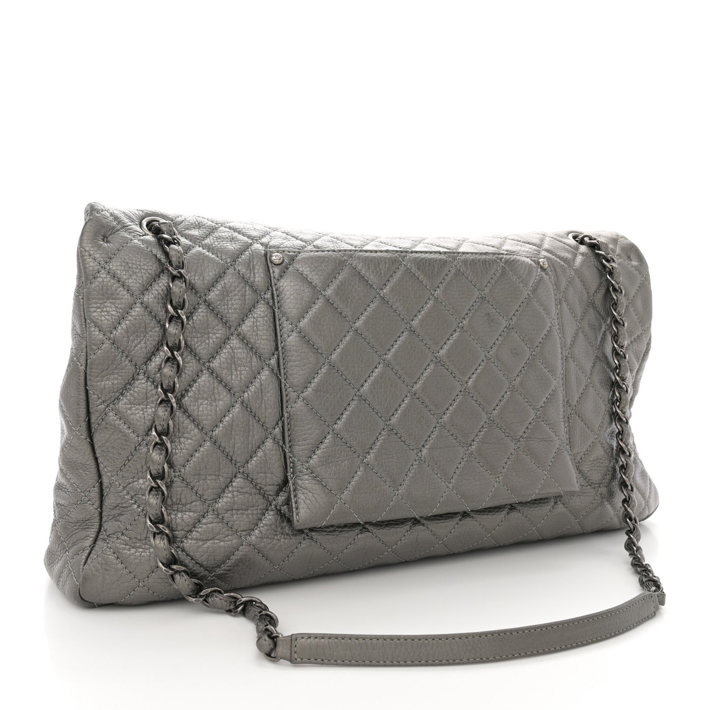 Metallic Metallized Calfskin Quilted XXL Travel Flap Bag Dark Silver