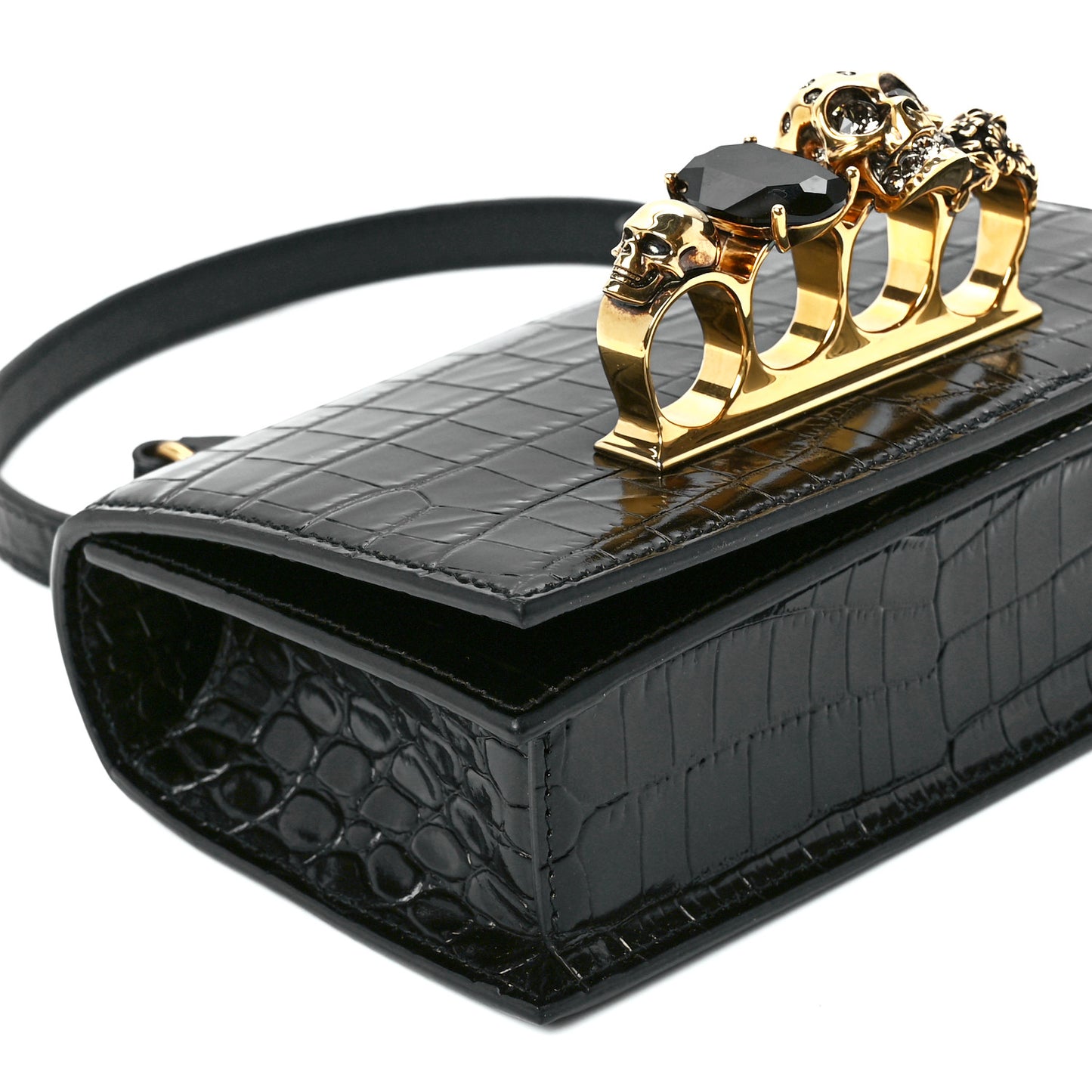 Calfskin Crocodile Embossed Mini Jeweled Satchel Black