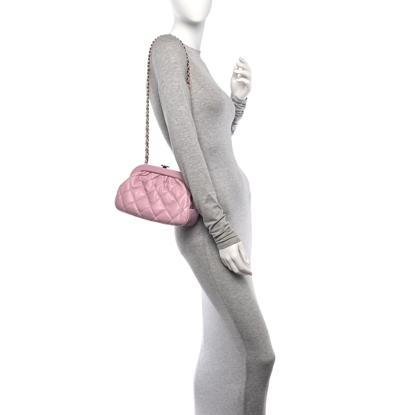 Lambskin Quilted CC Kisslock Clutch Pink