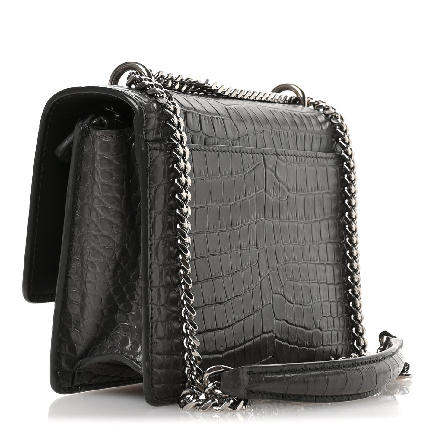 Calfskin Crocodile Embossed Monogram Sunset Chain Wallet Asphalt