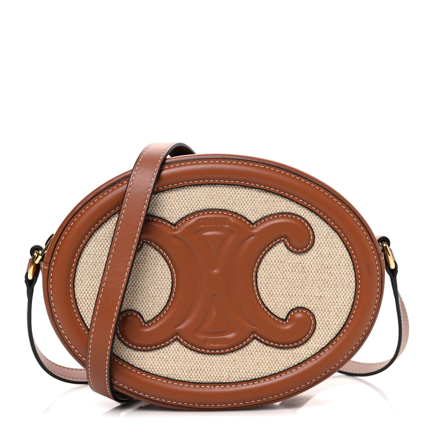 Celine Canvas Calfskin Cuir Triomphe Oval Crossbody Purse Natural