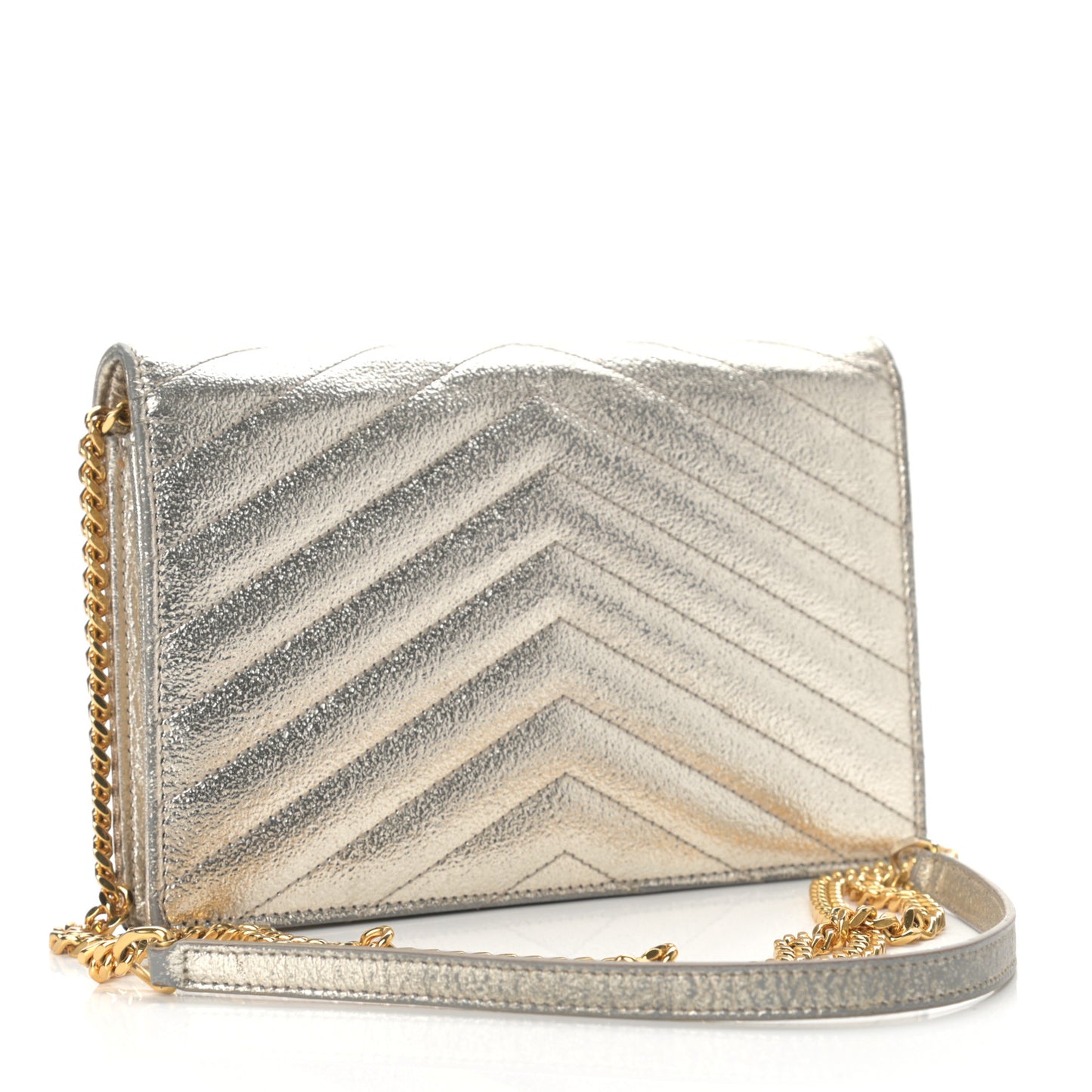 Metallic Crackled Calfskin Matelasse Chevron Monogram Envelope Chain Wallet Gold