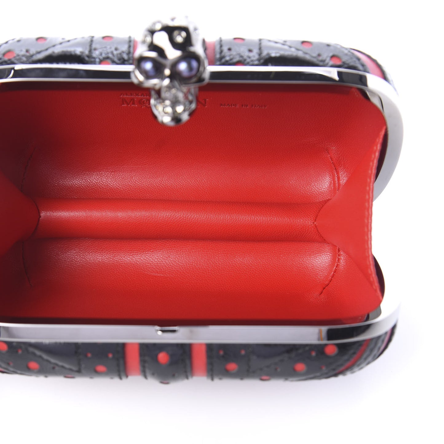 Patent Calfskin Britannia Skull Box Clutch Red Black