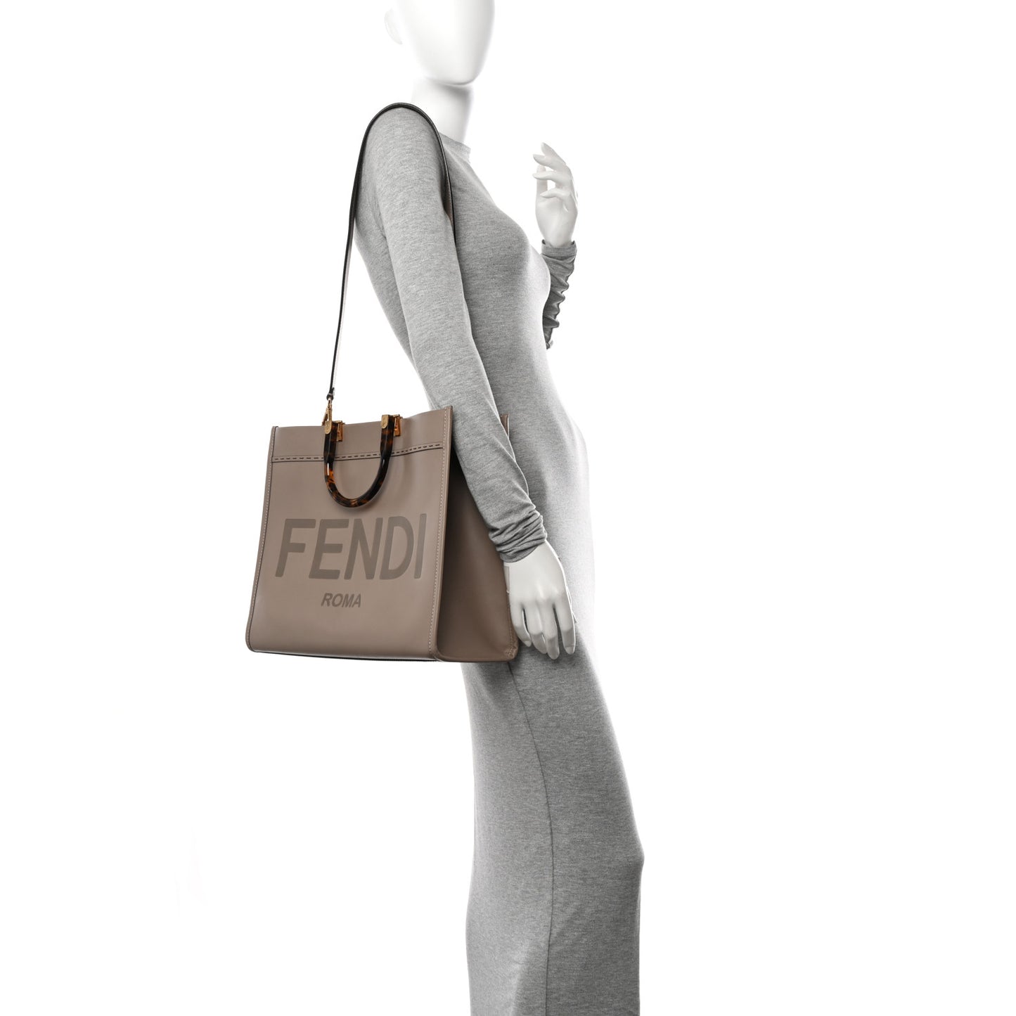 Vitello King Plexiglass Logo Embossed Medium Fendi Sunshine Shopper Tote Tortora