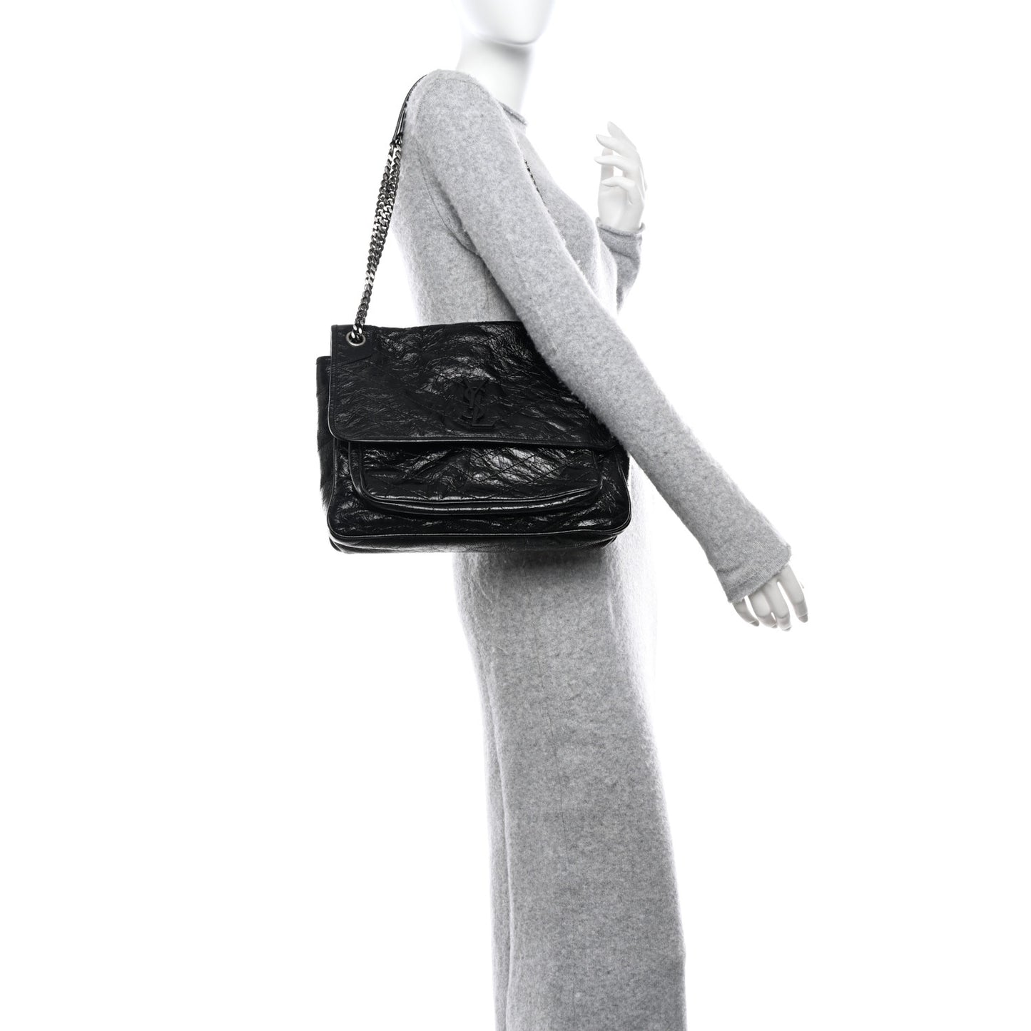 Crinkled Calfskin Matelasse Monogram Large Niki Chain Satchel Black