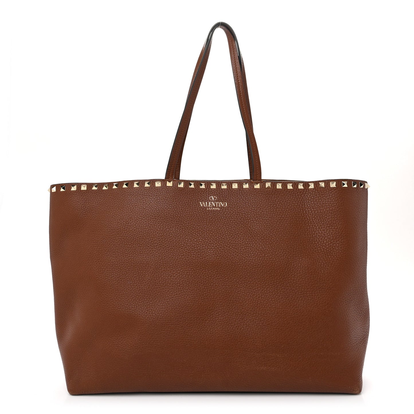Grained Calfskin Rockstud Shoulder Tote Bright Cognac