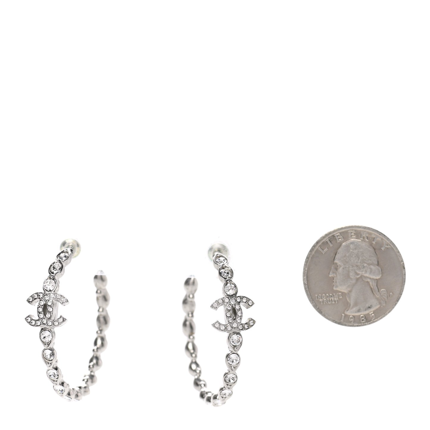 Metal Crystal CC Hoop Earrings Silver