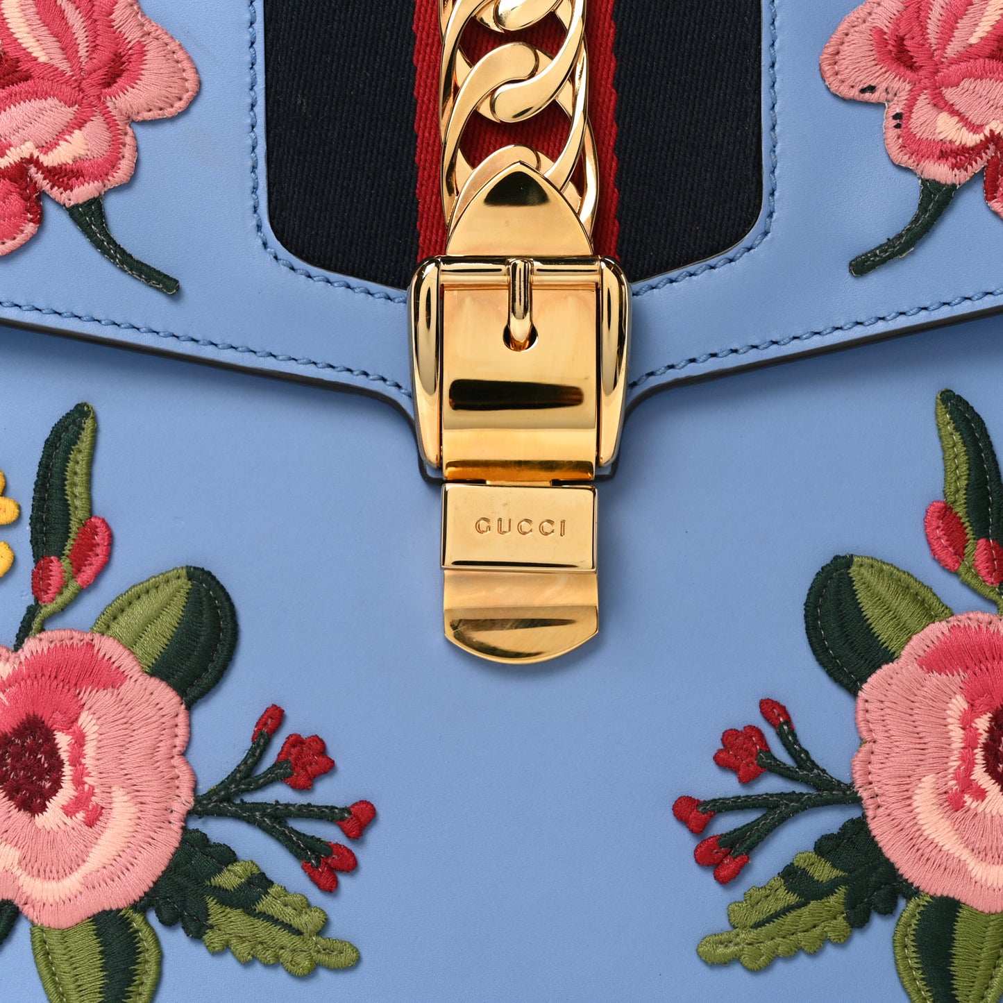 Calfskin Embroidered Medium Sylvie Top Handle Bag Clear Sky Blue