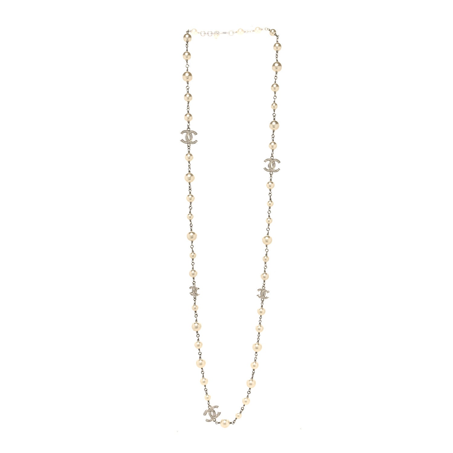 Chanel Graduated Pearl Crystal CC Long Necklace Silver 3 of 5
